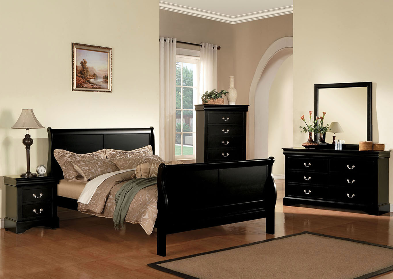 Louis Philippe III Black Queen Sleigh Bed w/Dresser and Mirror,Acme