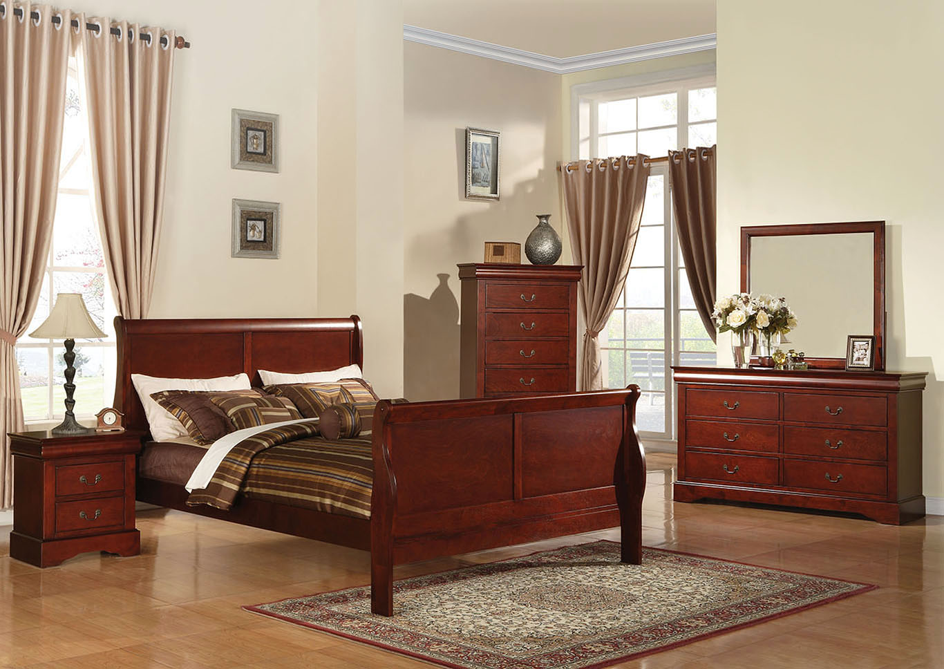Louis Philippe III Cherry California King Sleigh Bed w/Dresser and Mirror,Acme