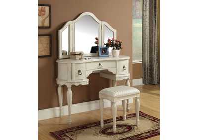 Trini White Vanity Desk w/Mirror and Stool