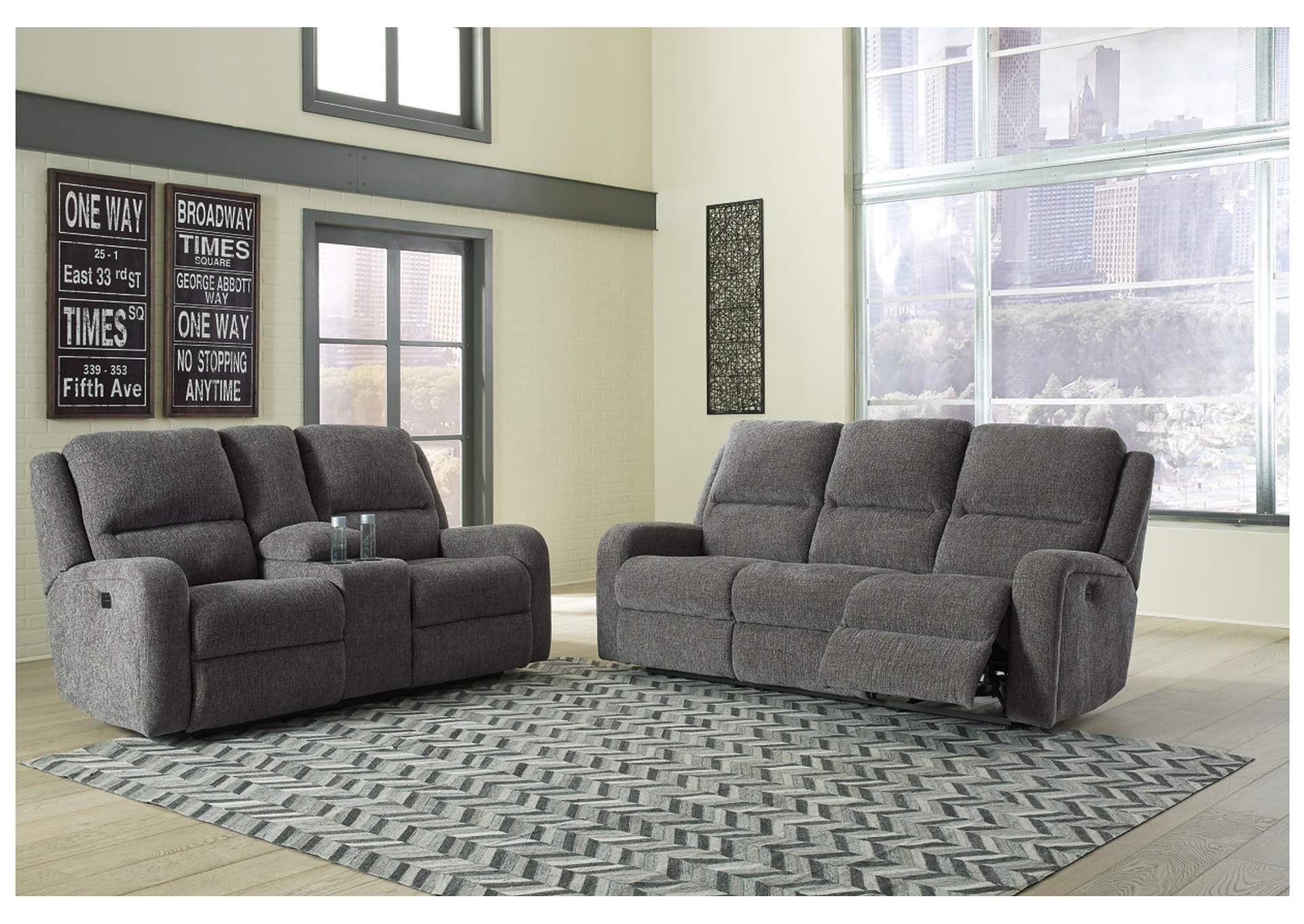 Krismen Charcoal Power Reclining Sofa and Loveseat w/Adjustable Headrest,ABF Signature Design by Ashley