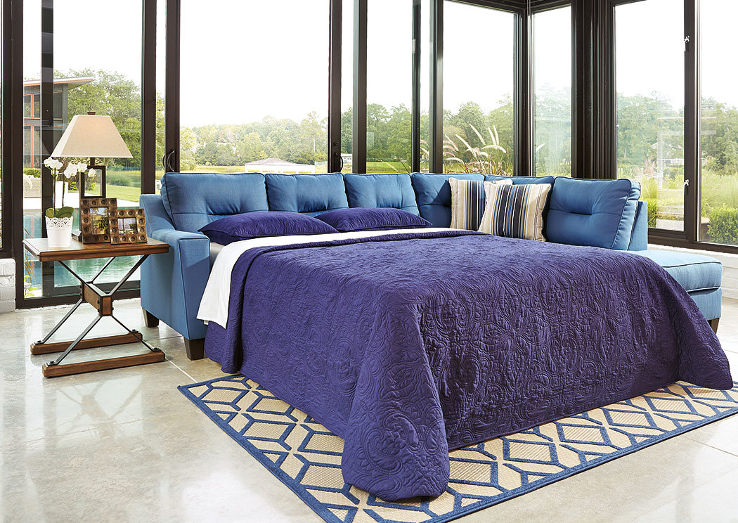 Kirwin Nuvella Blue Left Facing Queen Sleeper Sectional,ABF Benchcraft