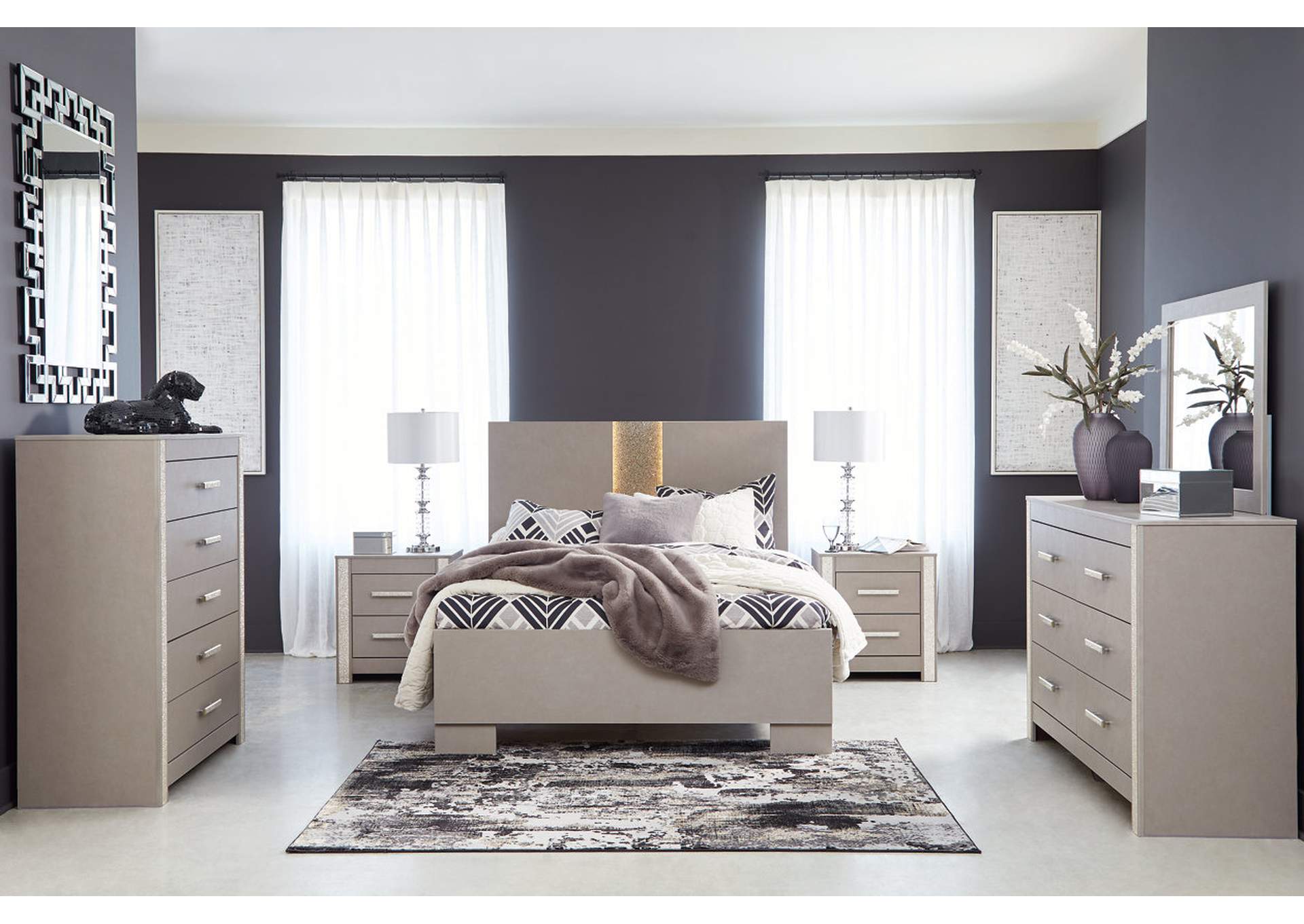 Surancha Queen Panel Bed with Mirrored Dresser, Chest and 2 Nightstands,Signature Design By Ashley