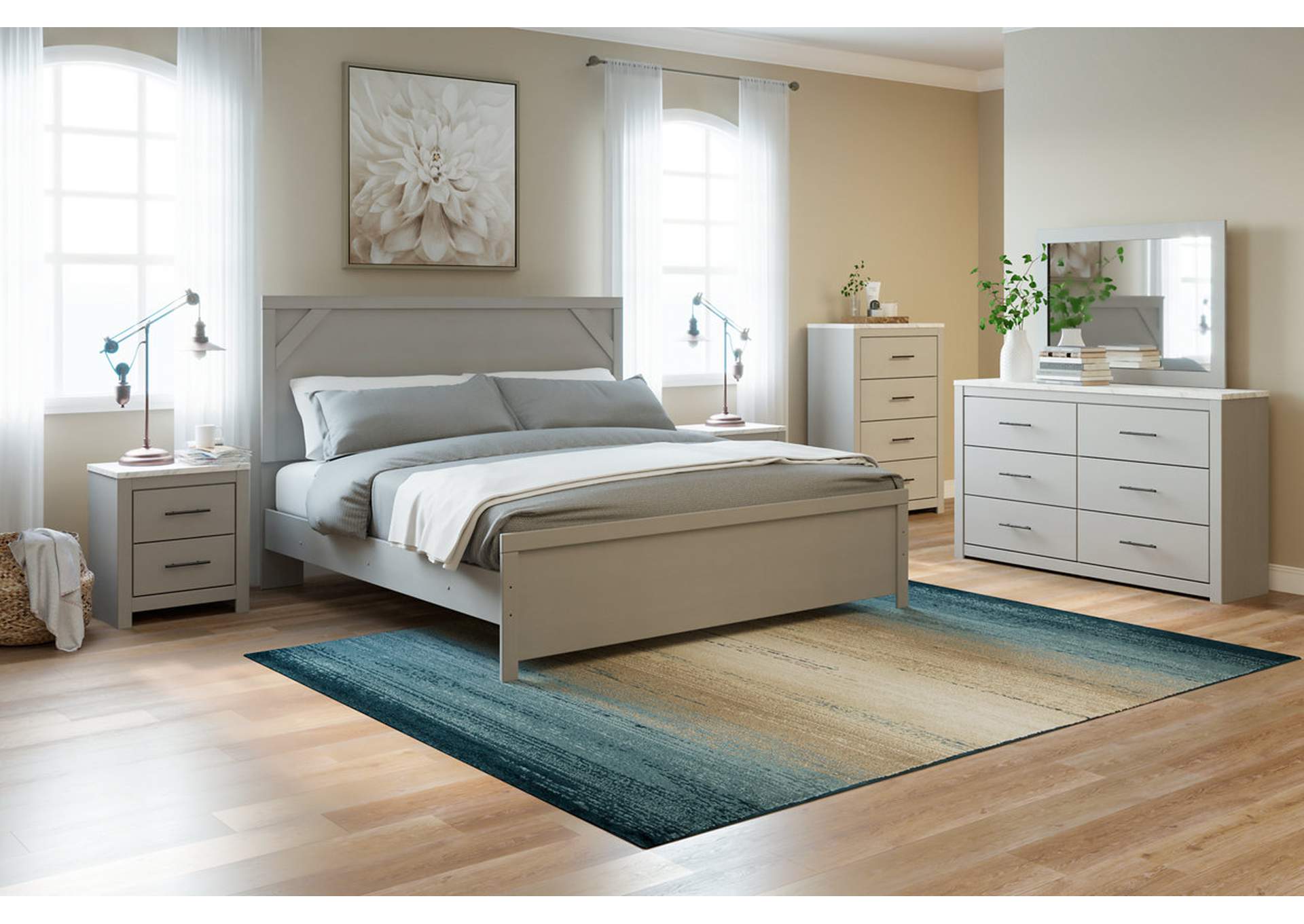 Cottonburg King Panel Bed with Mirrored Dresser, Chest and Nightstand,Signature Design By Ashley