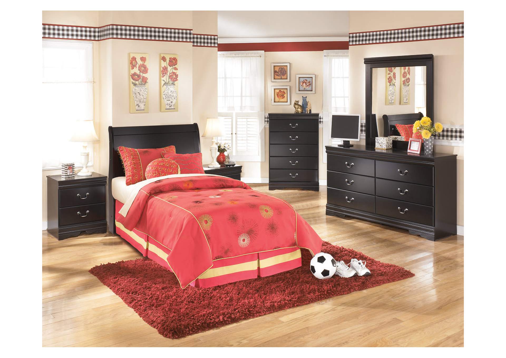 Huey Vineyard Twin Sleigh Headboard Bed with Mirrored Dresser, Chest and 2 Nightstands,Signature Design By Ashley