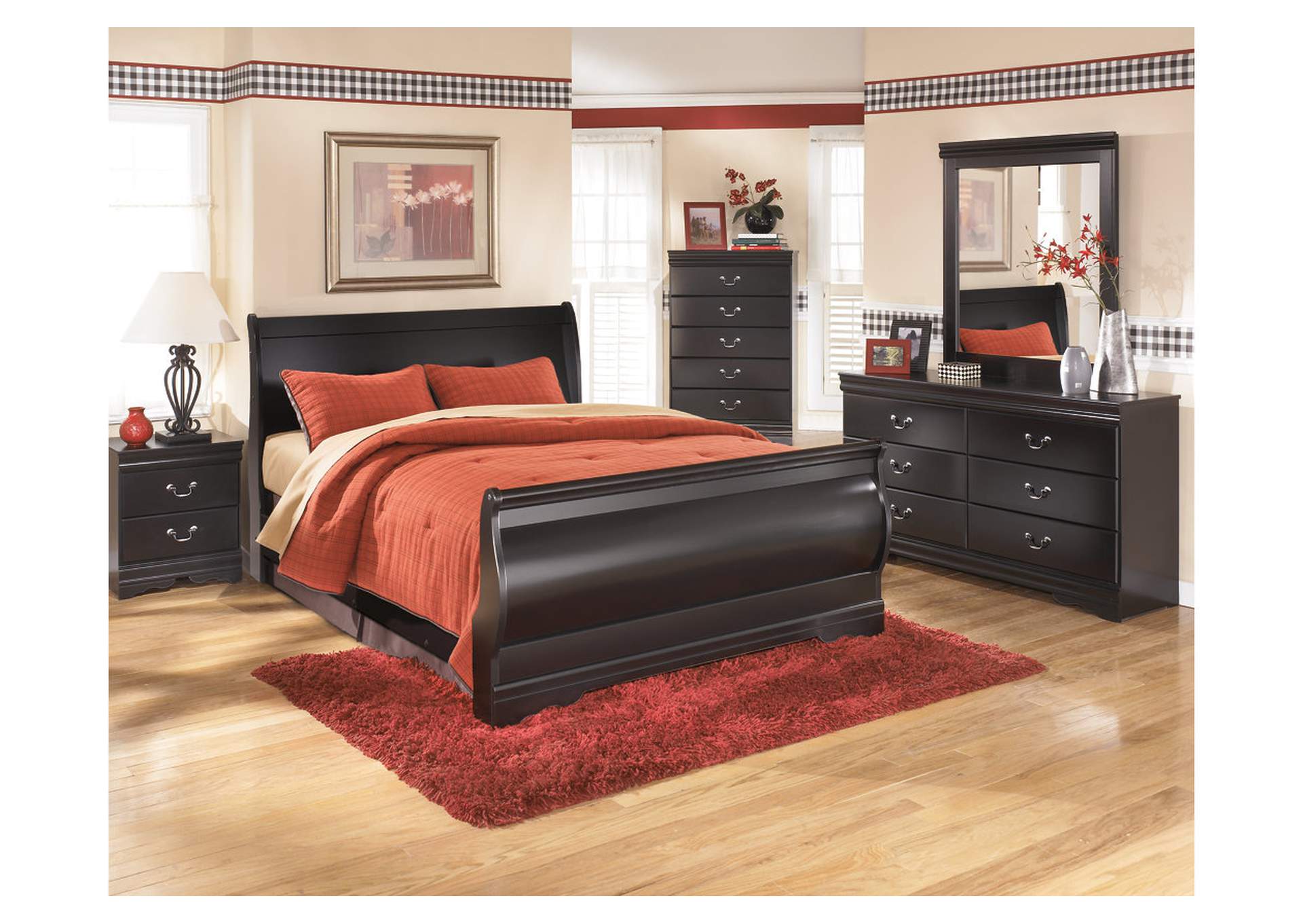 Huey Vineyard Queen Sleigh Bed with Mirrored Dresser, Chest and 2 Nightstands,Signature Design By Ashley
