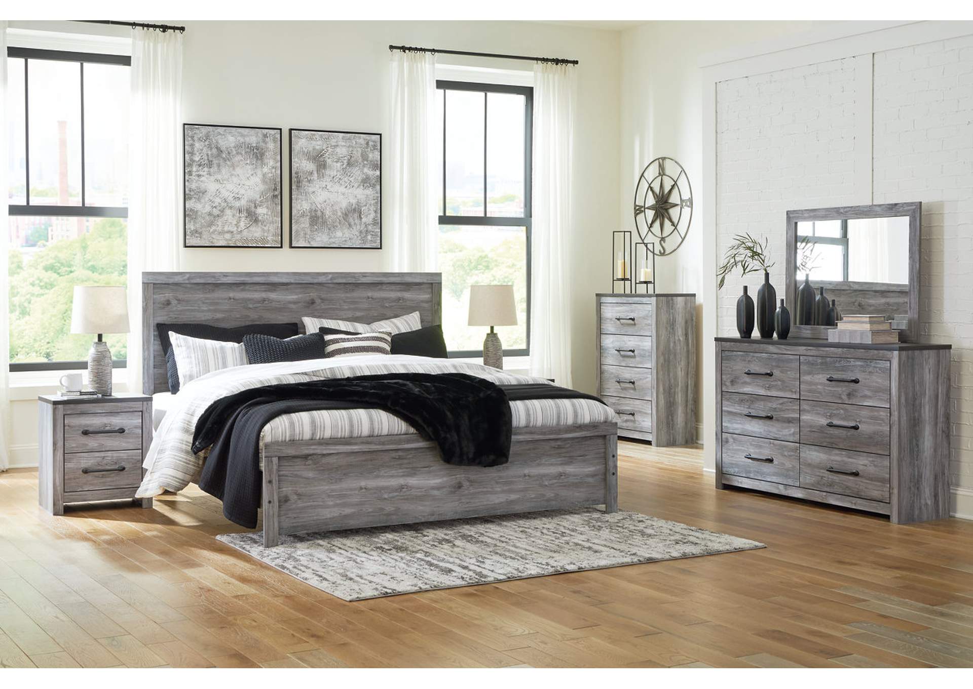 Bronyan King Panel Bed with Mirrored Dresser and Nightstand,Signature Design By Ashley