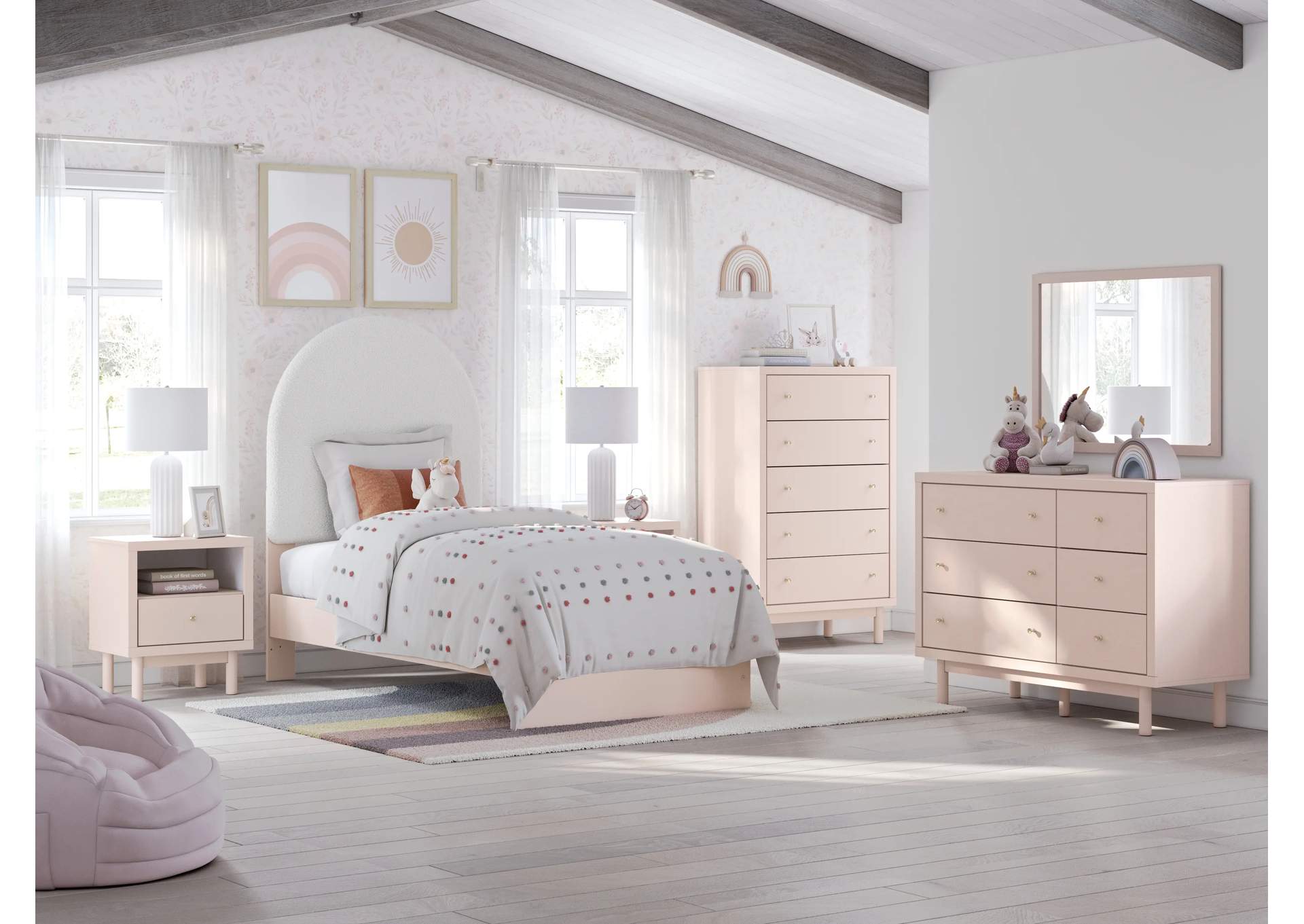 Wistenpine Twin Upholstered Panel Bed with Mirrored Dresser and Chest,Signature Design By Ashley