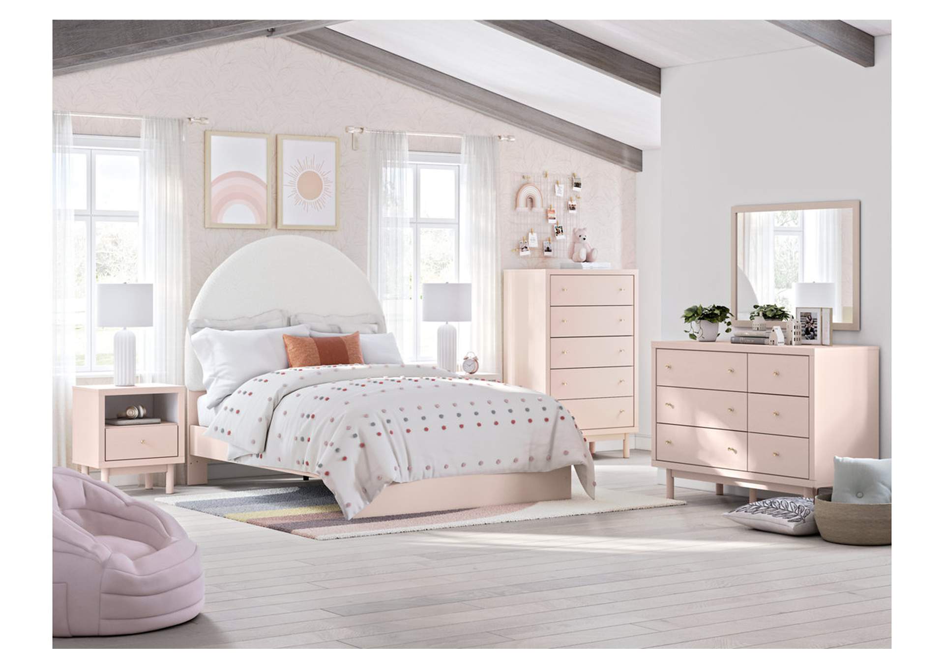 Wistenpine Full Upholstered Panel Bed with Mirrored Dresser and Chest,Signature Design By Ashley