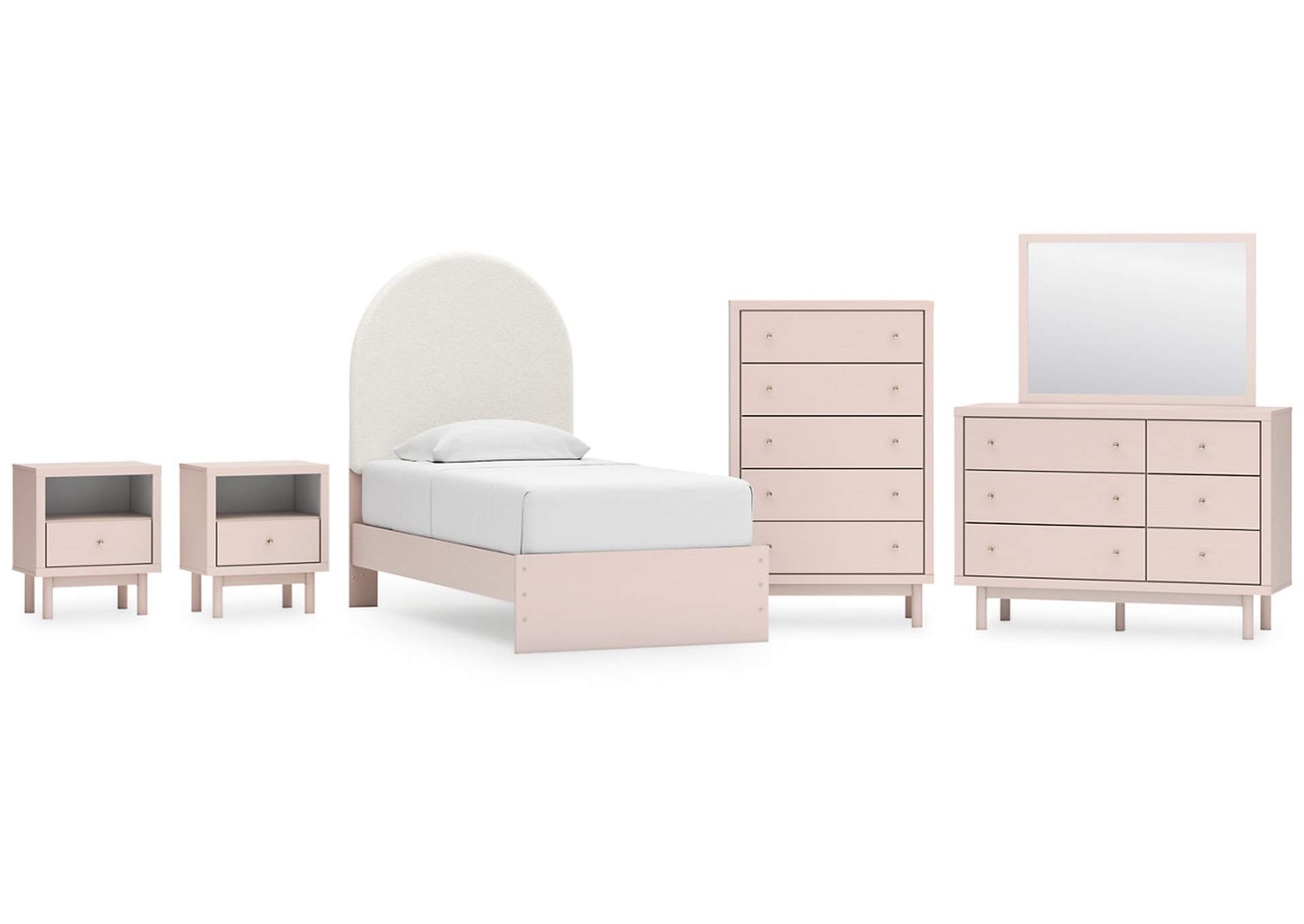 Wistenpine Twin Upholstered Panel Bed with Mirrored Dresser, Chest and 2 Nightstands,Signature Design By Ashley