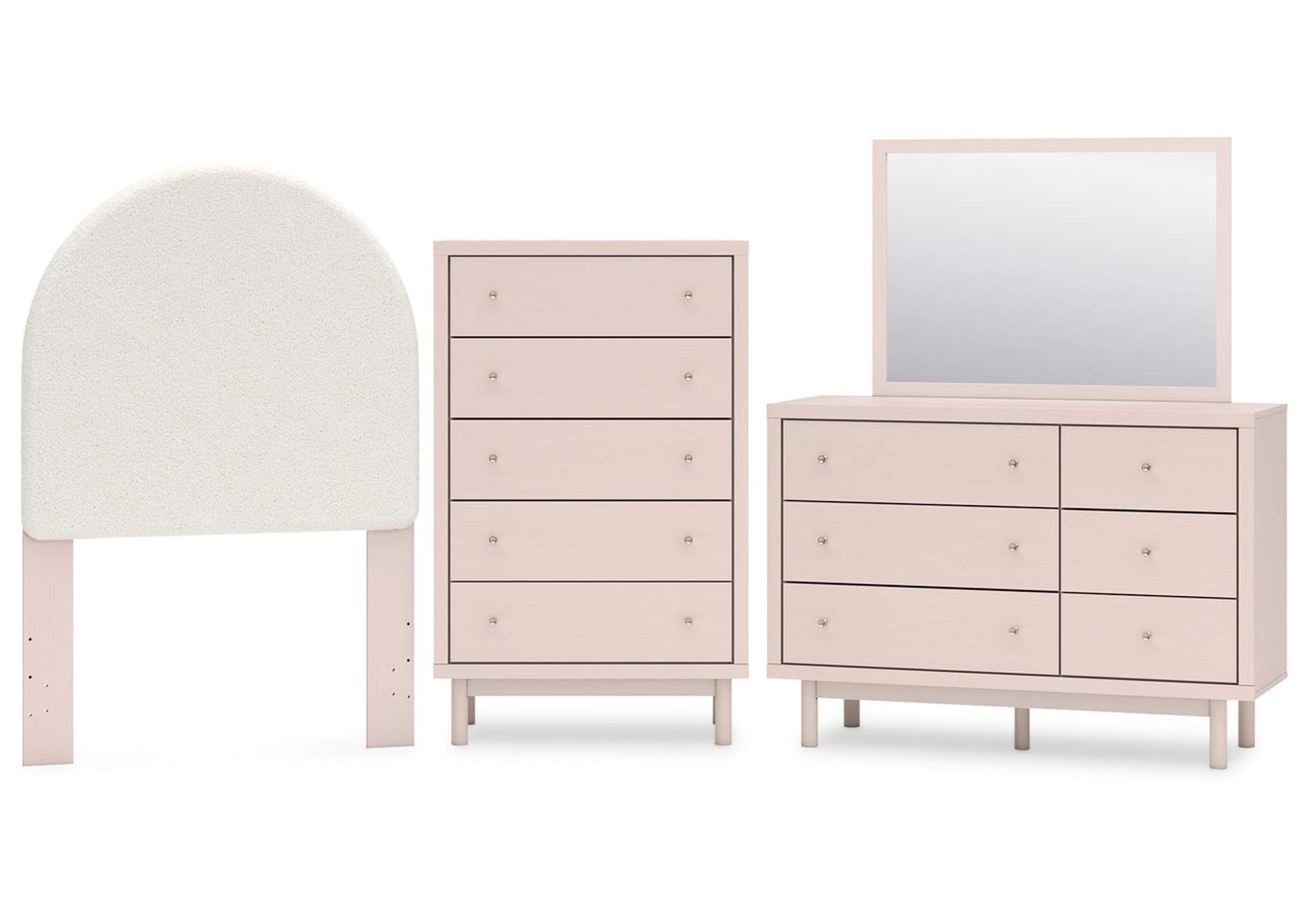 Wistenpine Twin Upholstered Panel Headboard with Mirrored Dresser and Chest,Signature Design By Ashley