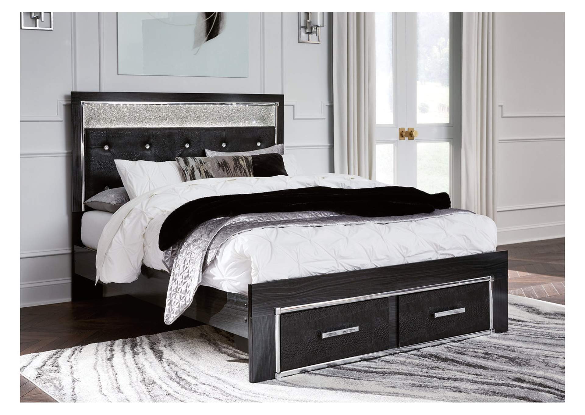 Kaydell Queen Upholstered Panel Storage Platform Bed with Mirrored Dresser and 2 Nightstands,Signature Design By Ashley