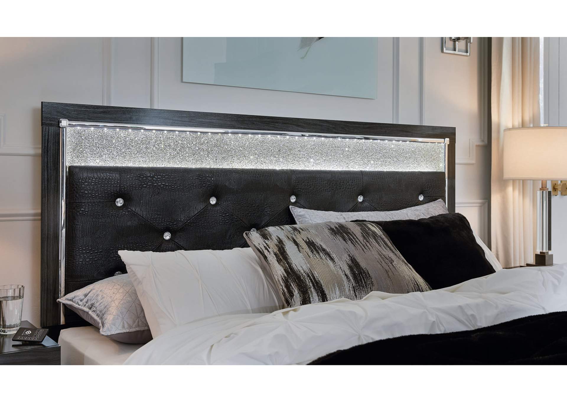 Kaydell King Upholstered Panel Platform Bed with Mirrored Dresser and Chest,Signature Design By Ashley