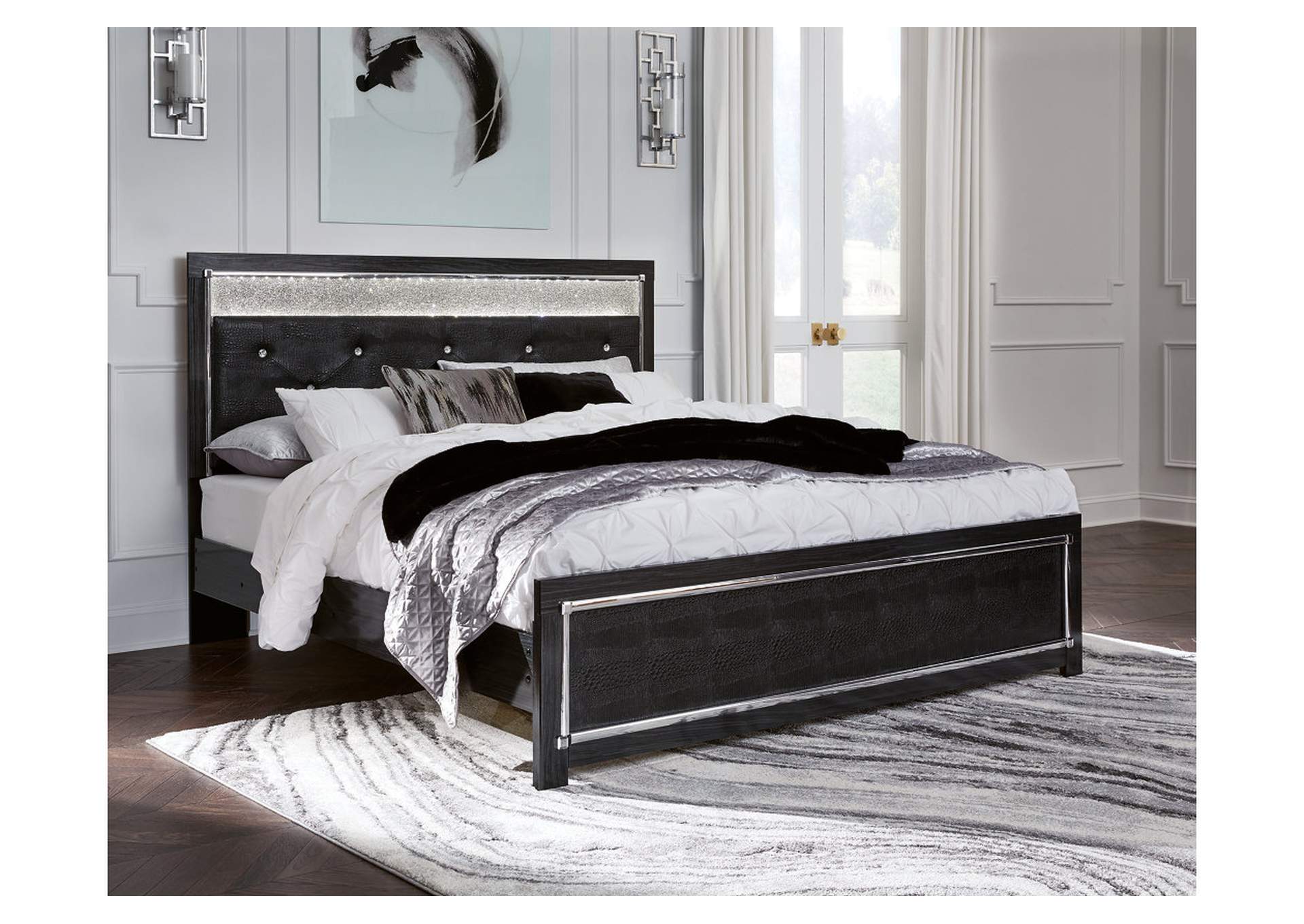 Kaydell King Upholstered Panel Platform Bed with Mirrored Dresser, Chest and Nightstand,Signature Design By Ashley