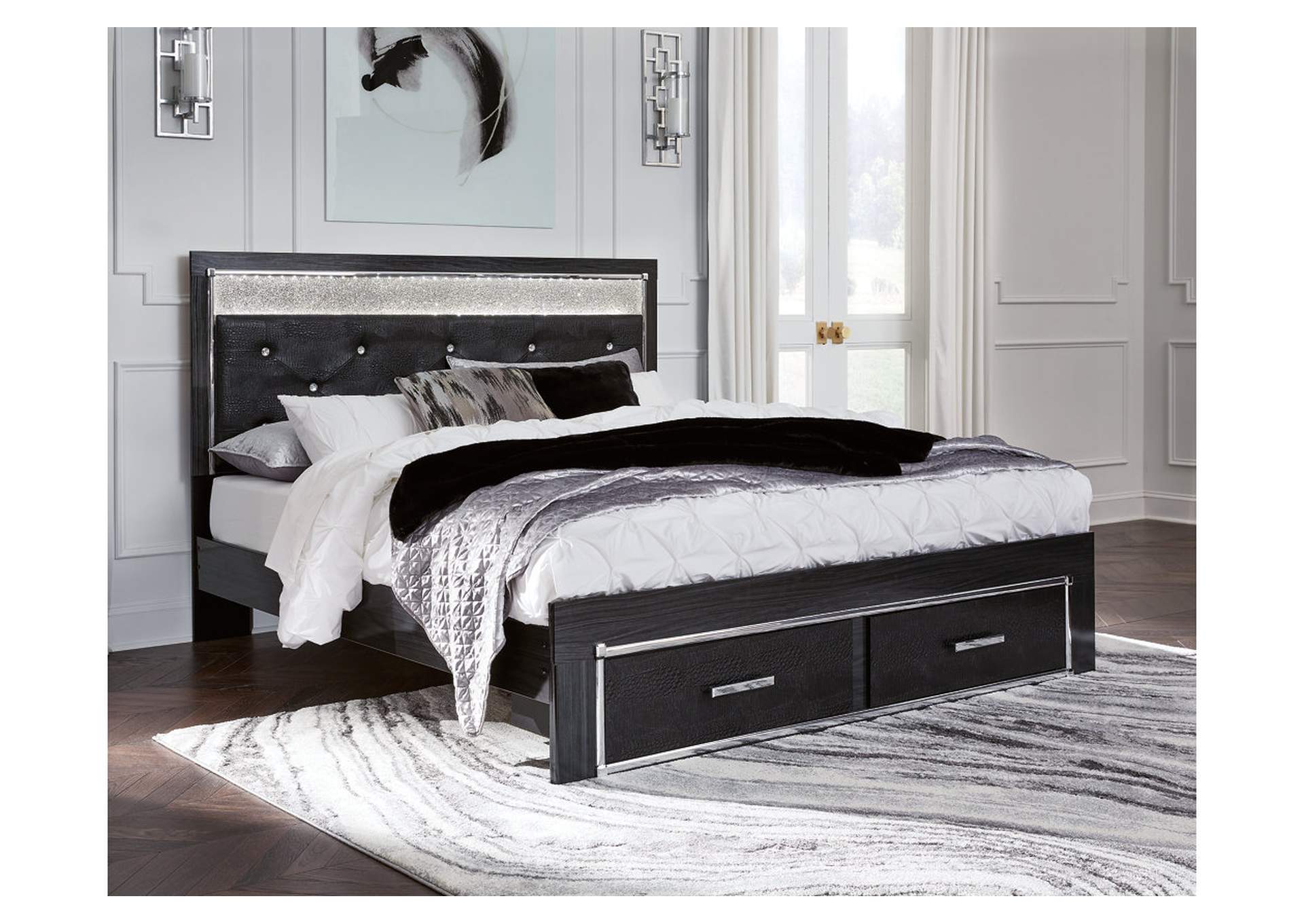 Kaydell King Upholstered Panel Storage Platform Bed with Mirrored Dresser, Chest and 2 Nightstands,Signature Design By Ashley