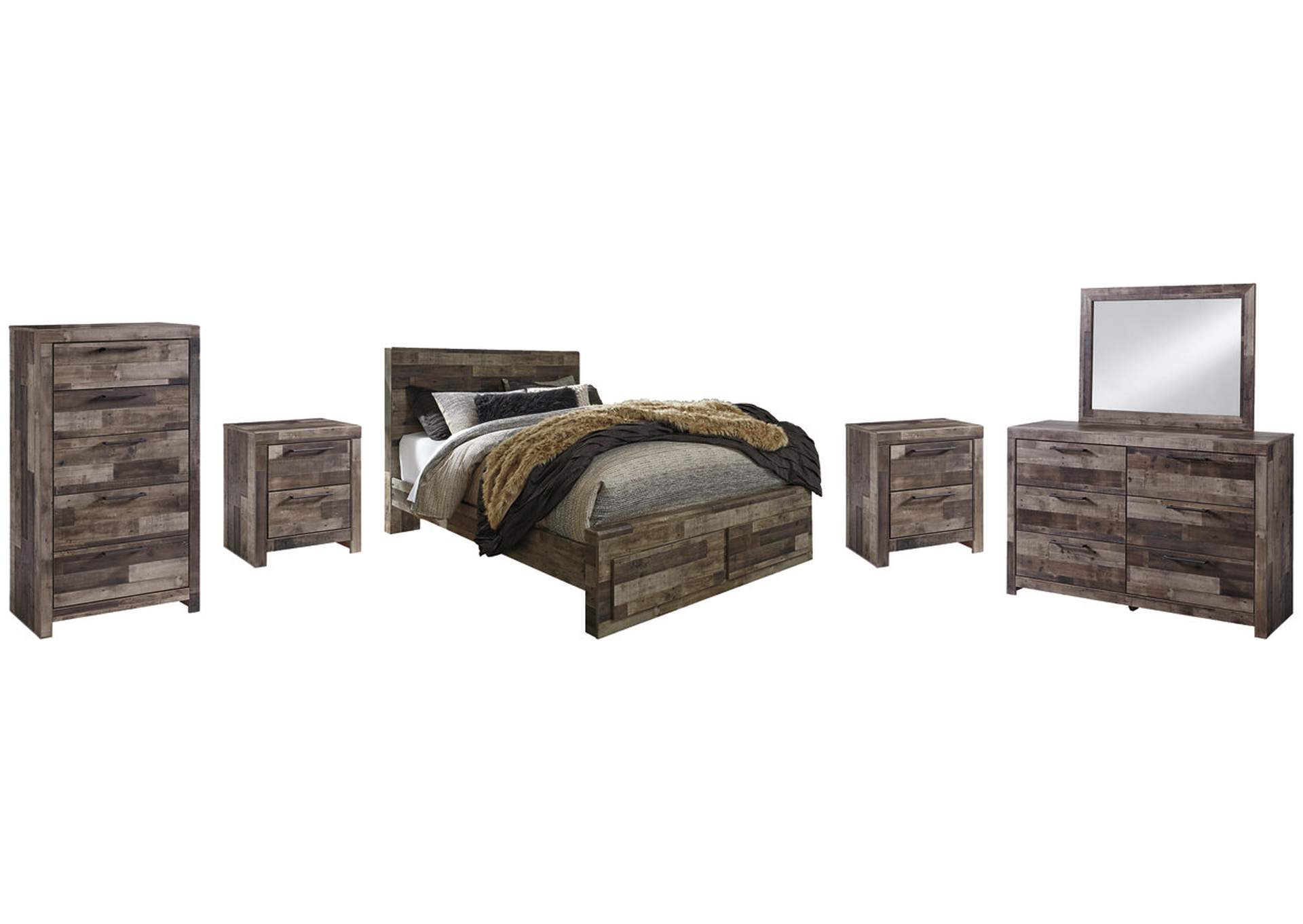 Derekson Queen Panel Bed with 2 Storage Drawers with Mirrored Dresser, Chest and 2 Nightstands,Benchcraft