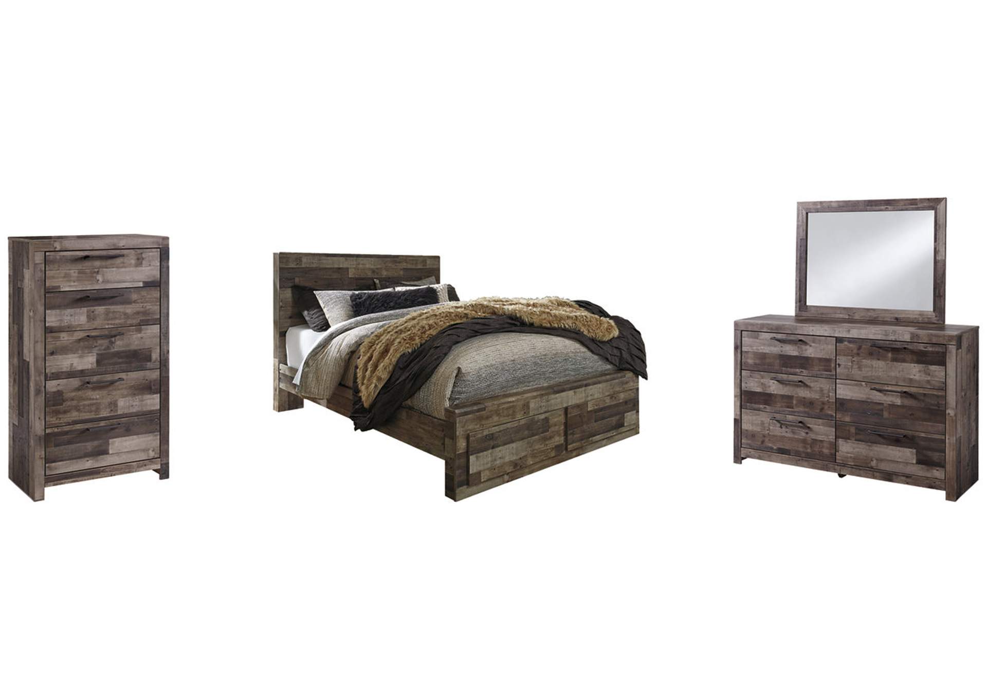 Derekson Queen Panel Bed with 2 Storage Drawers with Mirrored Dresser and Chest,Benchcraft