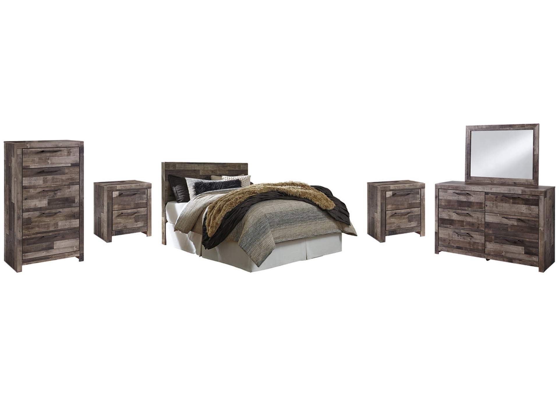 Derekson Queen/Full Panel Headboard Bed with Mirrored Dresser, Chest and 2 Nightstands,Benchcraft