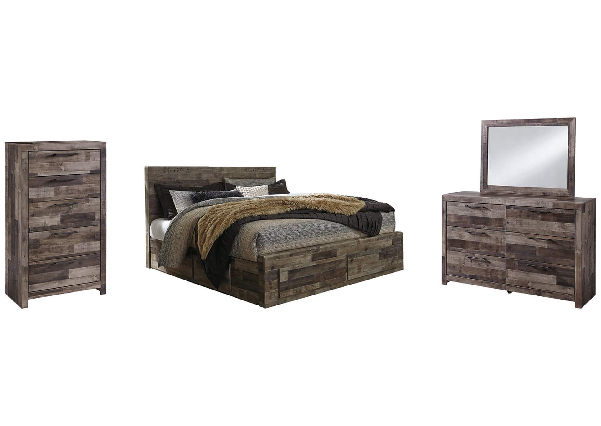 Derekson King Panel Bed with 4 Storage Drawers with Mirrored Dresser and Chest,Benchcraft