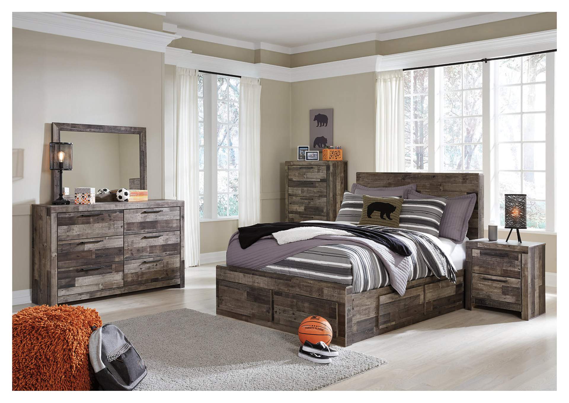Derekson Full Panel Bed with 6 Storage Drawers with Mirrored Dresser, Chest and Nightstand,Benchcraft