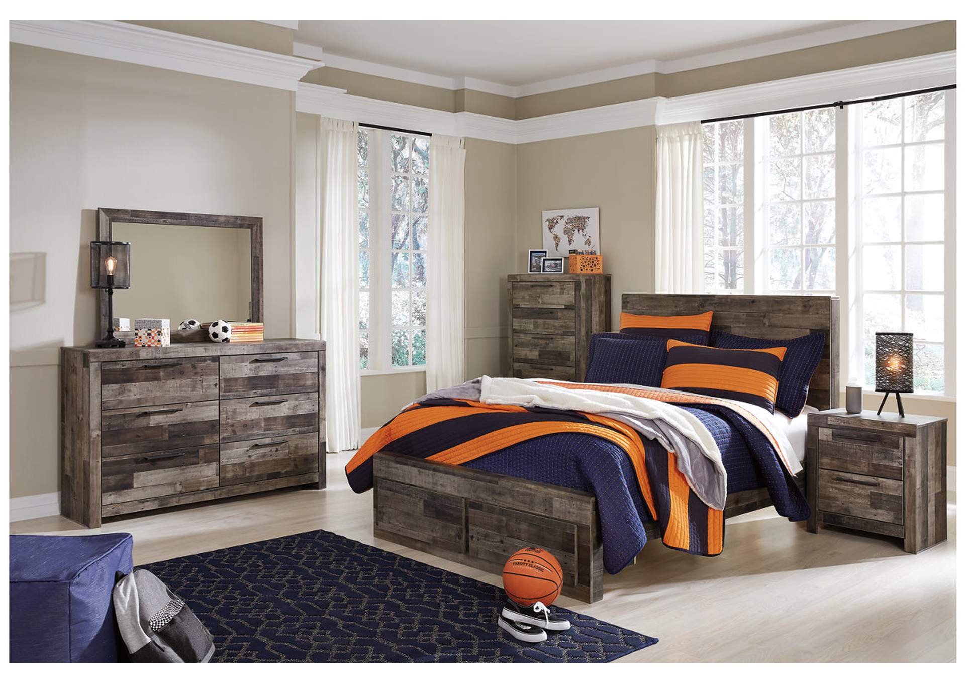 Derekson Full Panel Bed with 2 Storage Drawers with Mirrored Dresser, Chest and Nightstand,Benchcraft