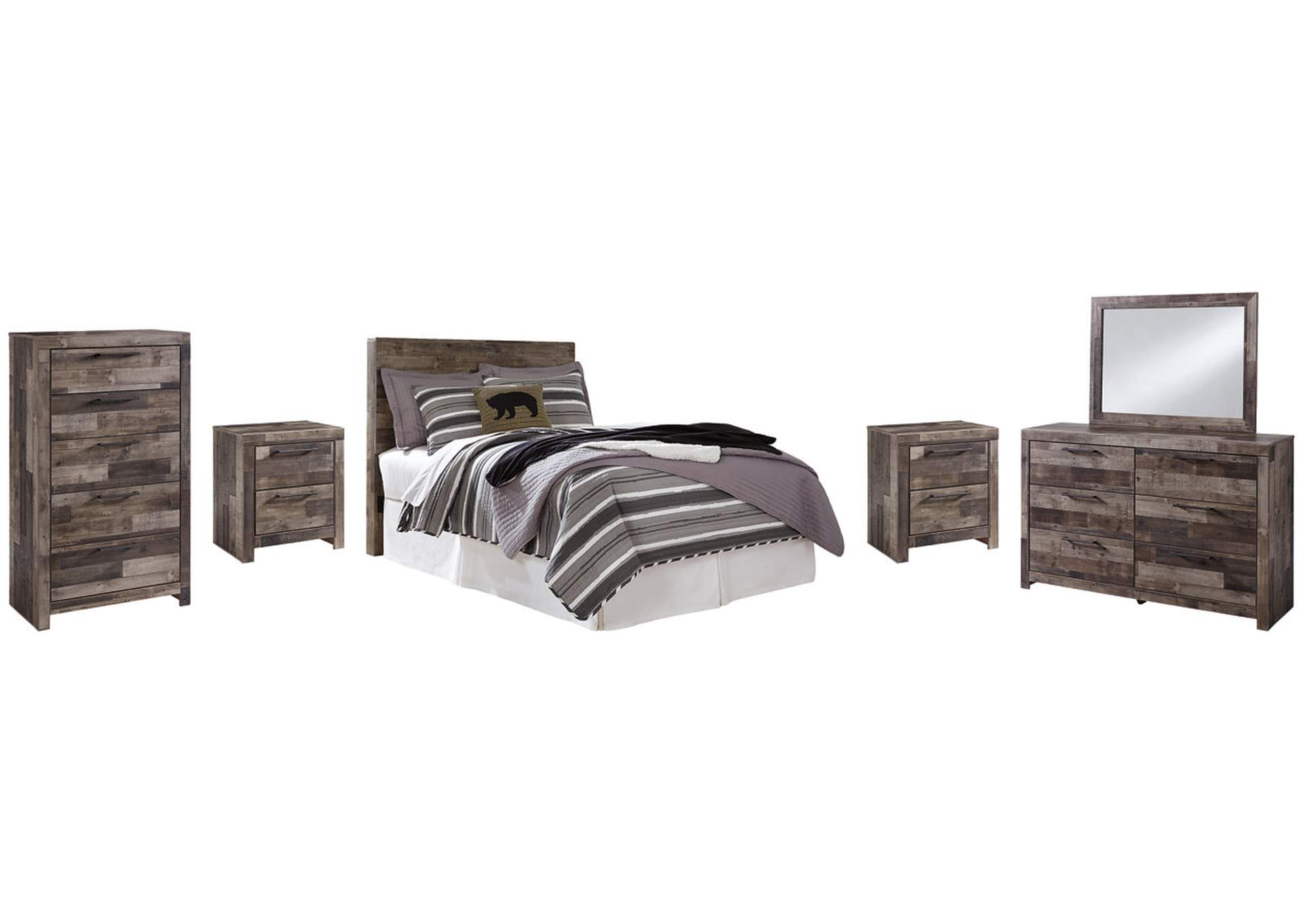 Derekson Full Panel Headboard Bed with Mirrored Dresser, Chest and 2 Nightstands,Benchcraft