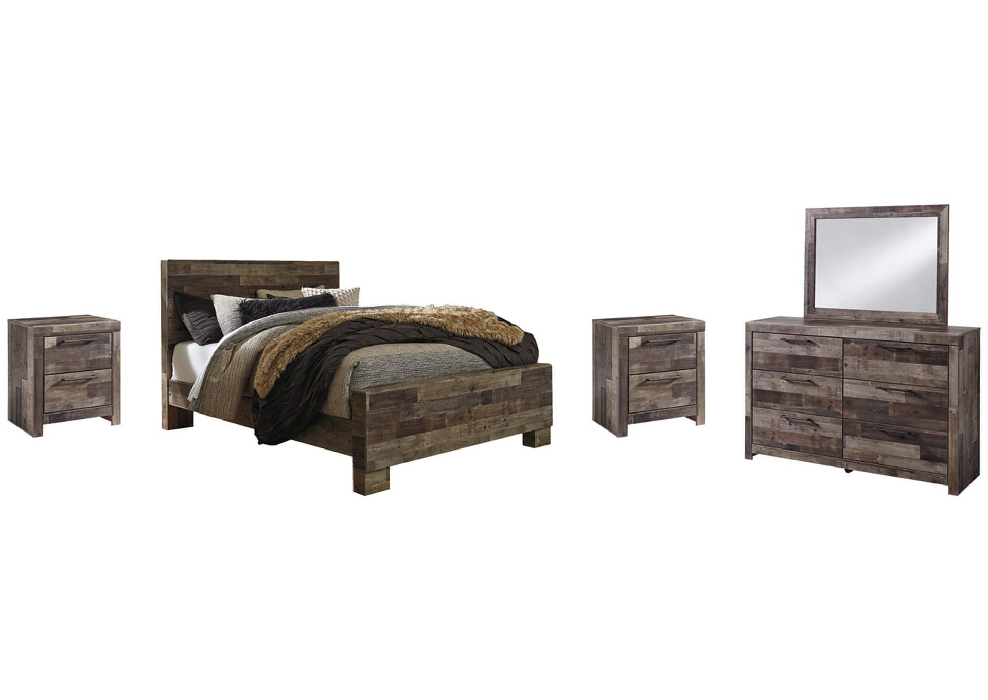 Derekson Queen Panel Bed with Mirrored Dresser and 2 Nightstands,Benchcraft