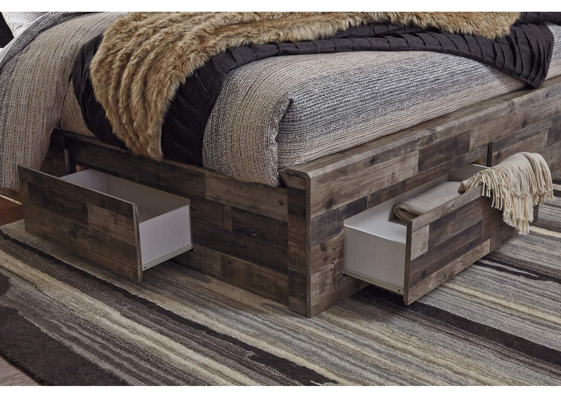 Derekson Queen Panel Bed with 6 Storage Drawers with Mirrored Dresser,Benchcraft