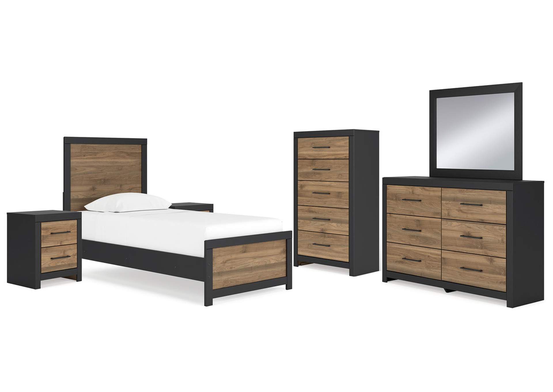 Vertani Twin Panel Bed with Mirrored Dresser, Chest and 2 Nightstands,Signature Design By Ashley