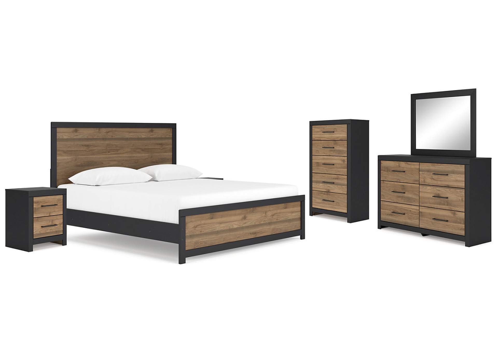 Vertani King Panel Bed with Mirrored Dresser, Chest and 2 Nightstands,Signature Design By Ashley