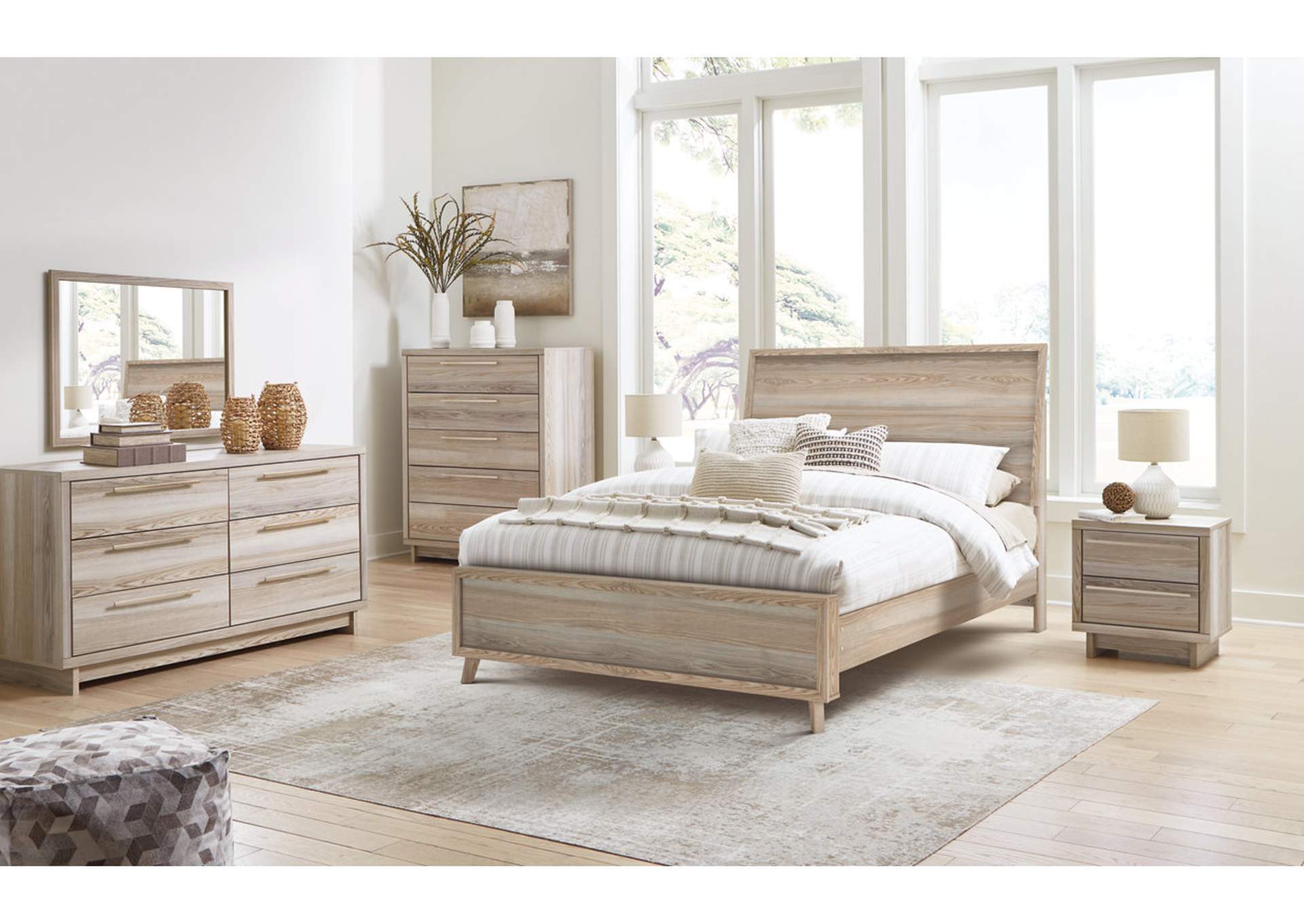 Hasbrick Queen Panel Headboard with Mirrored Dresser, Chest and Nightstand,Signature Design By Ashley