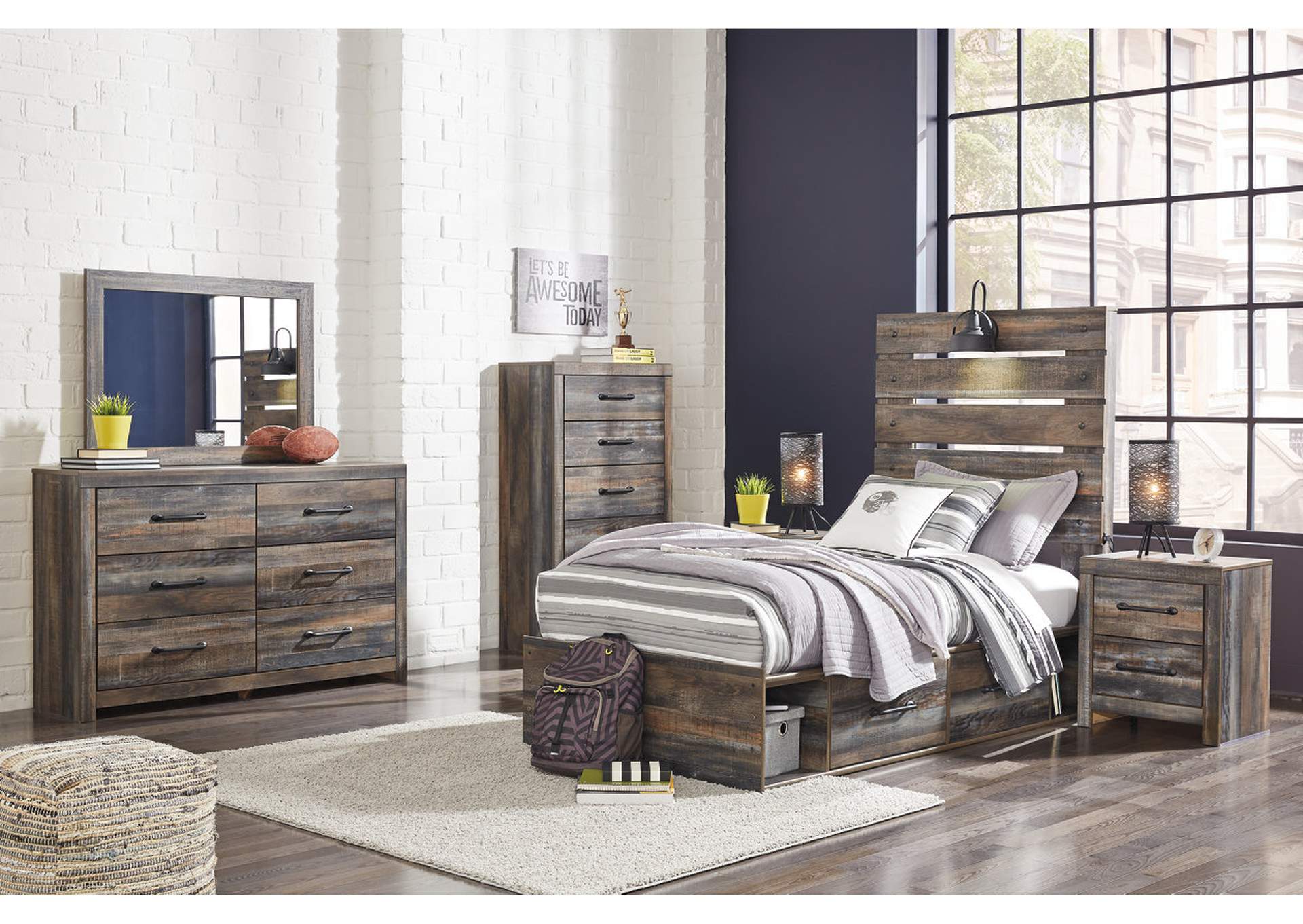 Drystan Twin Panel Bed with 4 Storage Drawers with Mirrored Dresser, Chest and 2 Nightstands,Signature Design By Ashley