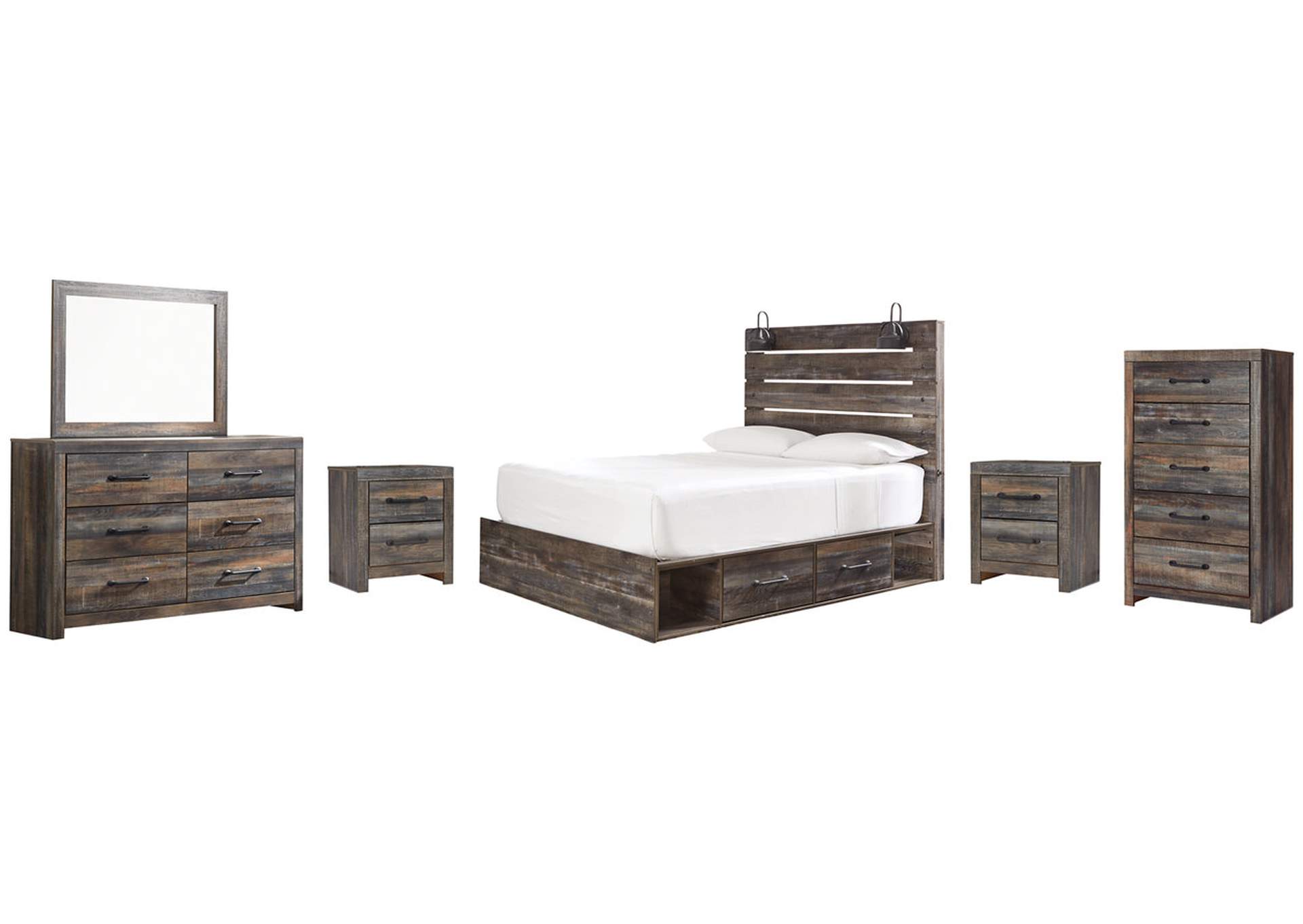 Drystan Queen Panel Bed with 4 Storage Drawers with Mirrored Dresser, Chest and 2 Nightstands,Signature Design By Ashley