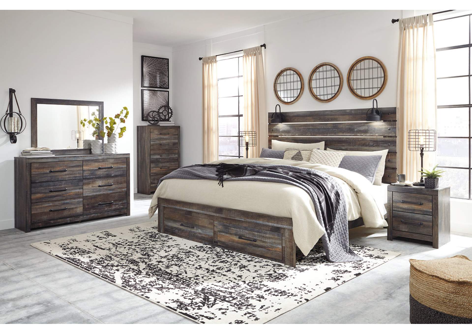 Drystan King Panel Bed with Storage with Mirrored Dresser, Chest and Nightstand,Signature Design By Ashley