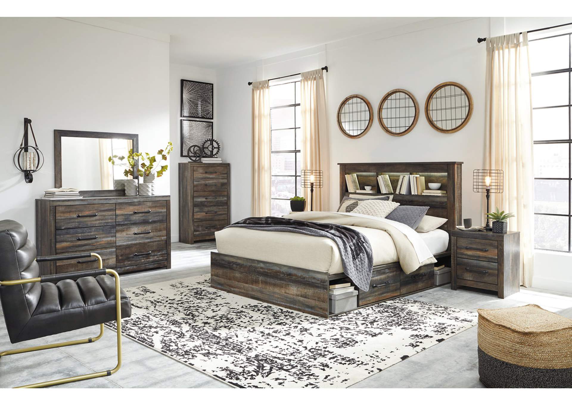 Drystan Queen Bookcase Bed with 2 Storage Drawers with Mirrored Dresser, Chest and 2 Nightstands,Signature Design By Ashley