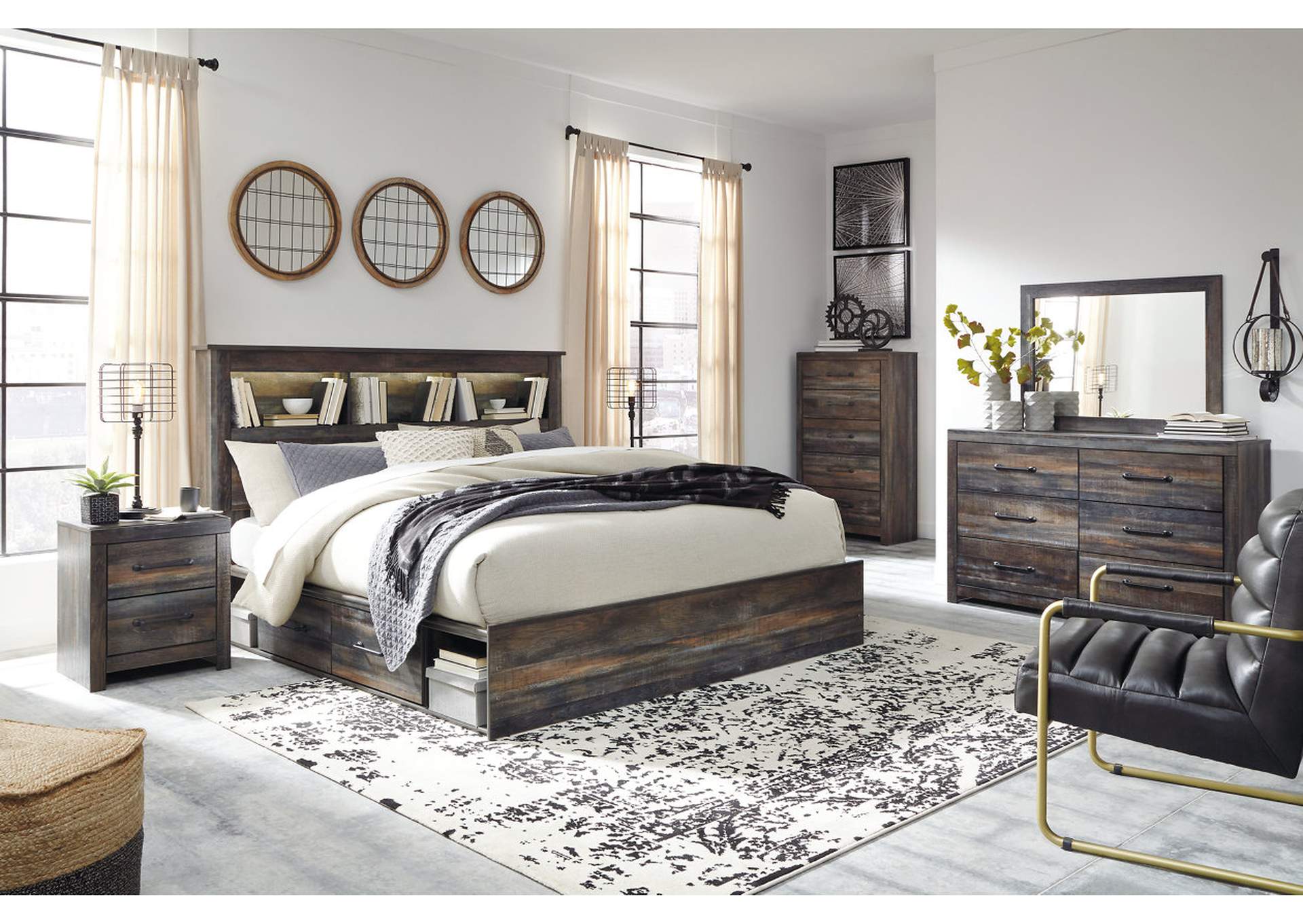 Drystan King Bookcase Bed with 2 Storage Drawers with Mirrored Dresser and Chest,Signature Design By Ashley