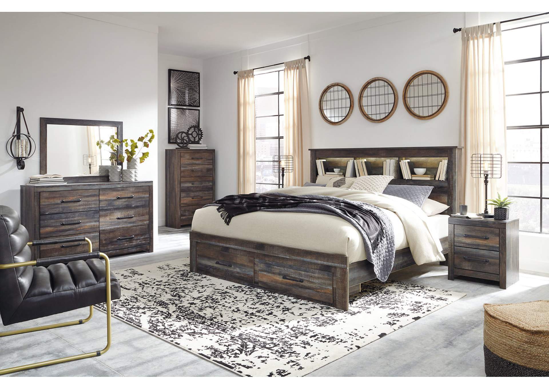 Drystan King Bookcase Bed with 2 Storage Drawers with Mirrored Dresser and Chest,Signature Design By Ashley
