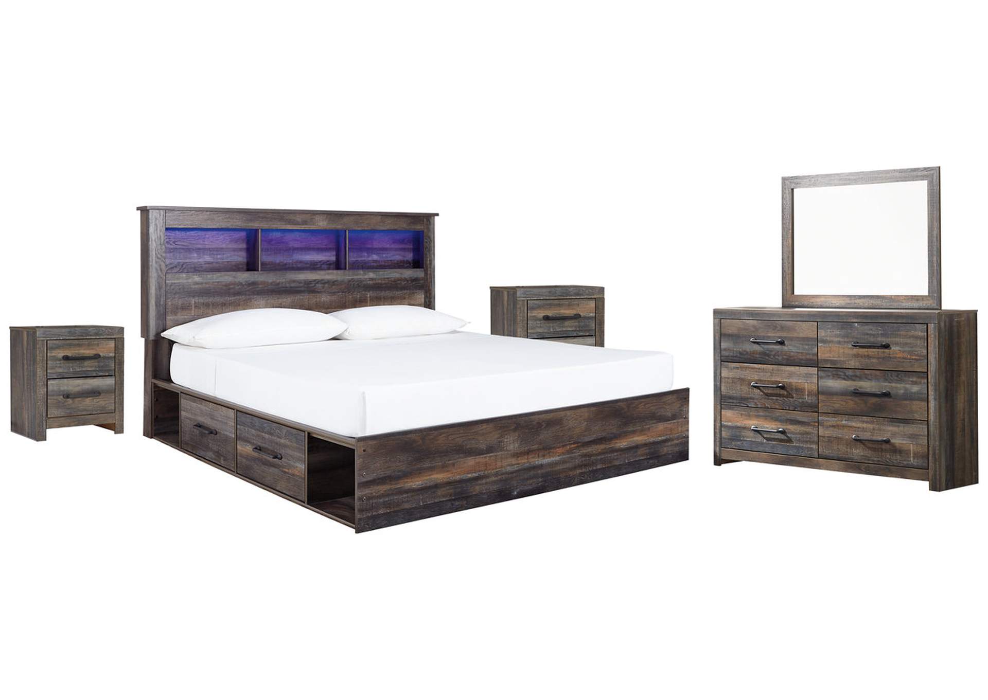 Drystan King Bookcase Bed with 2 Storage Drawers with Mirrored Dresser and 2 Nightstands,Signature Design By Ashley