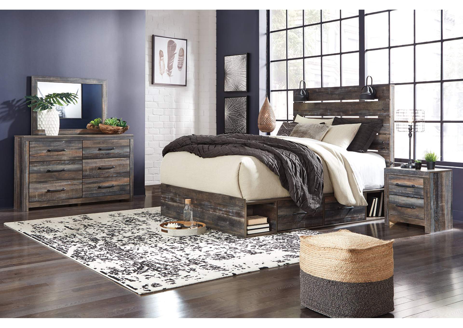 Drystan King Panel Bed with 4 Storage Drawers with Mirrored Dresser, Chest and Nightstand,Signature Design By Ashley