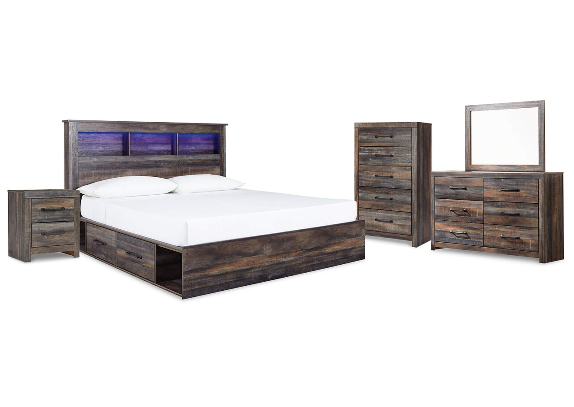 Drystan King Bookcase Bed with 4 Storage Drawers with Mirrored Dresser and 2 Nightstands,Signature Design By Ashley