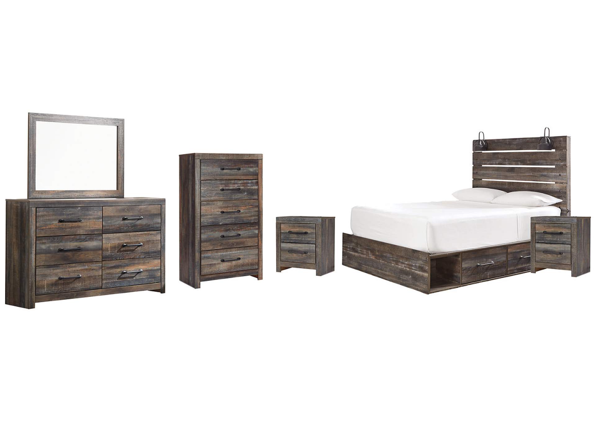 Drystan Queen Panel Bed with 2 Storage Drawers with Mirrored Dresser, Chest and 2 Nightstands,Signature Design By Ashley