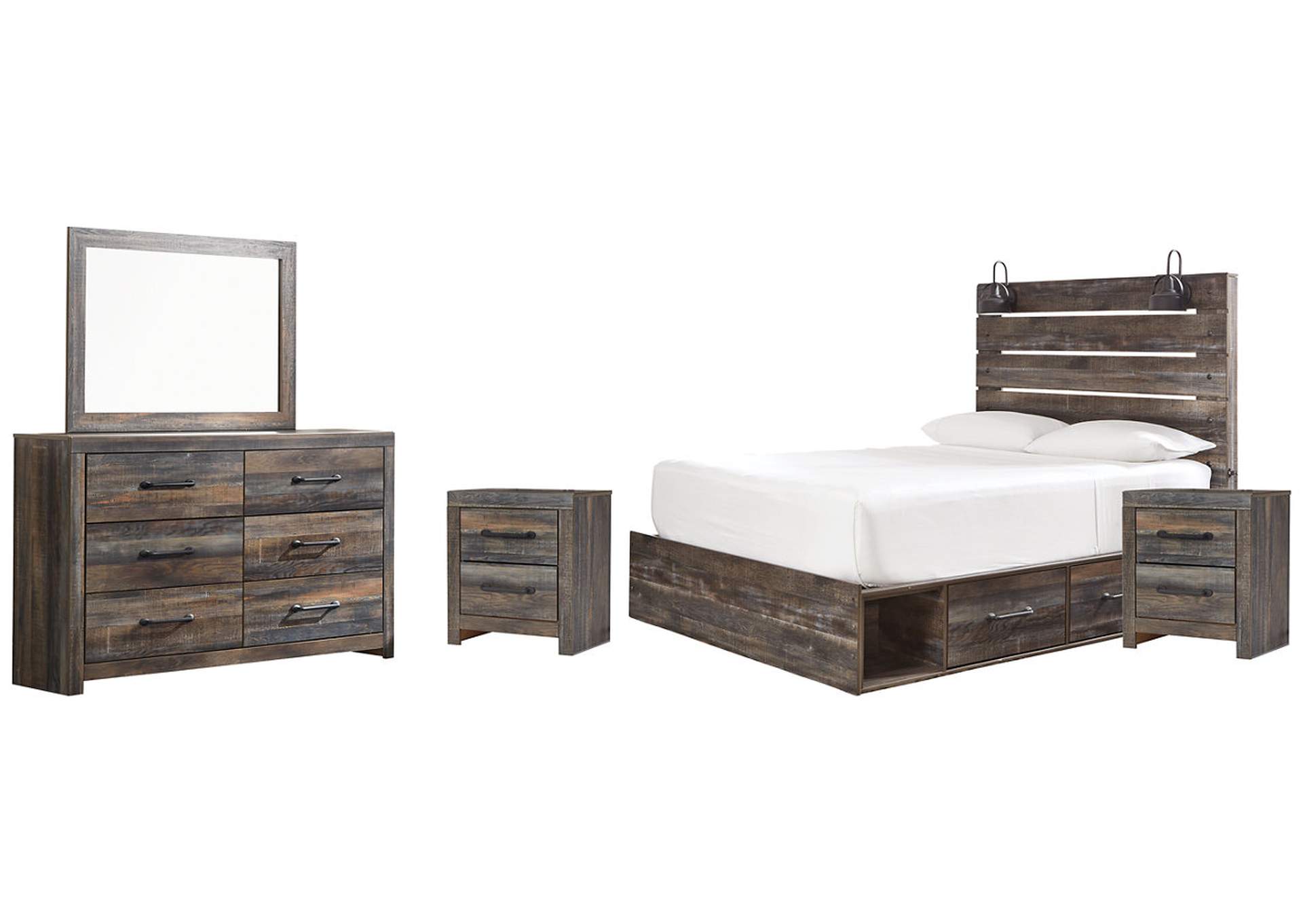Drystan Queen Panel Bed with 2 Storage Drawers with Mirrored Dresser and 2 Nightstands,Signature Design By Ashley