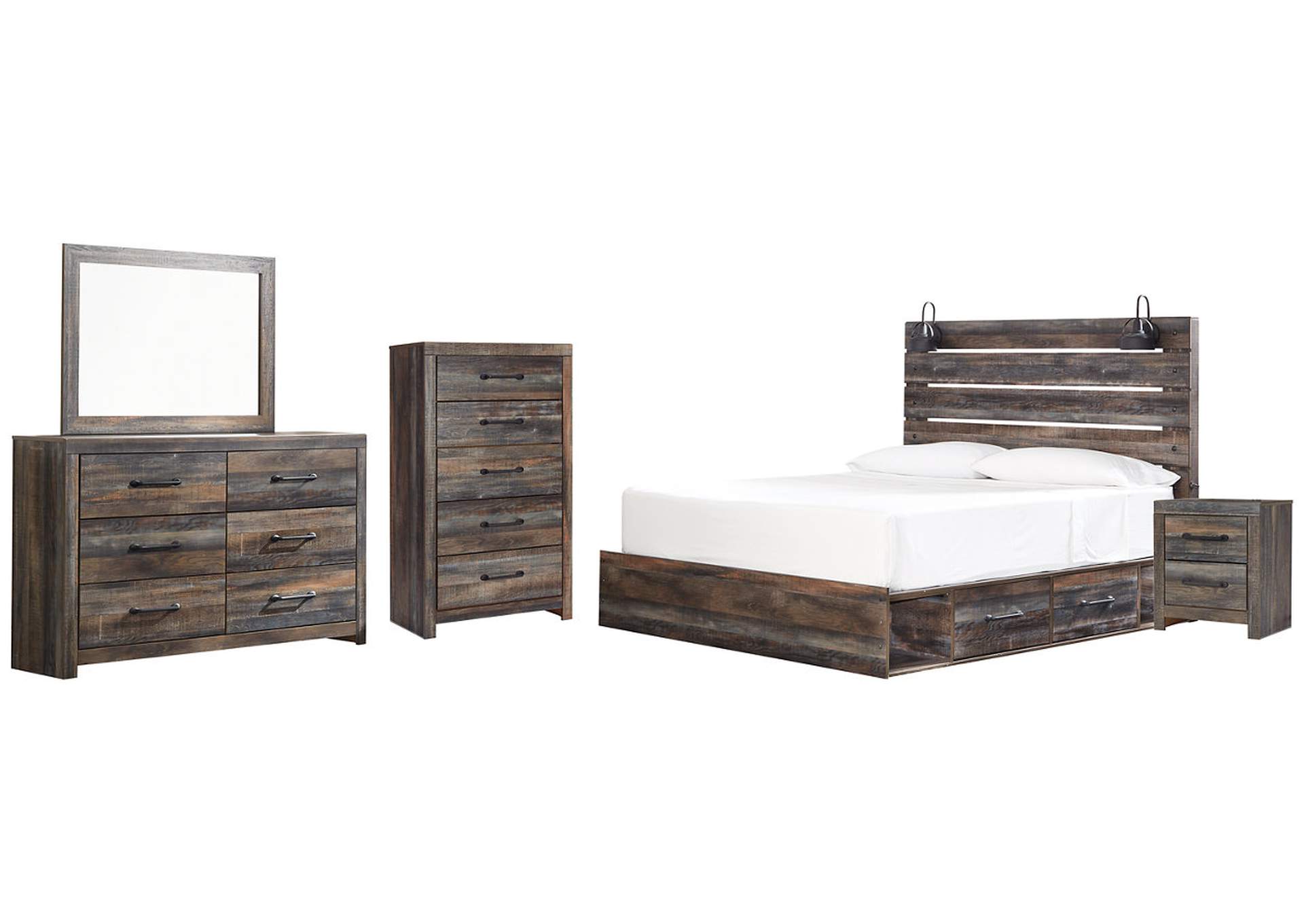 Drystan King Panel Bed with 2 Storage Drawers with Mirrored Dresser, Chest and Nightstand,Signature Design By Ashley
