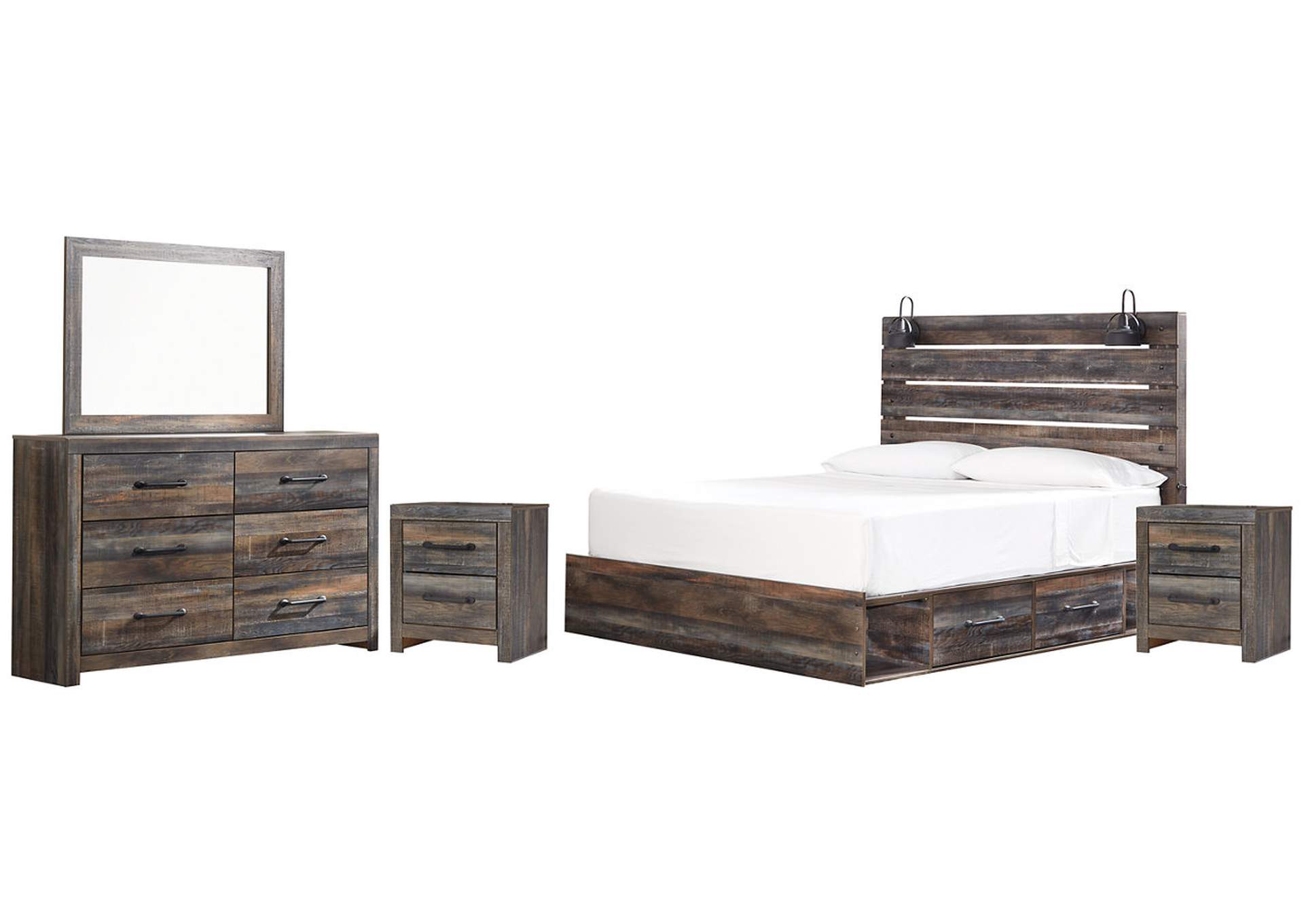 Drystan King Panel Bed with 2 Storage Drawers with Mirrored Dresser and 2 Nightstands,Signature Design By Ashley