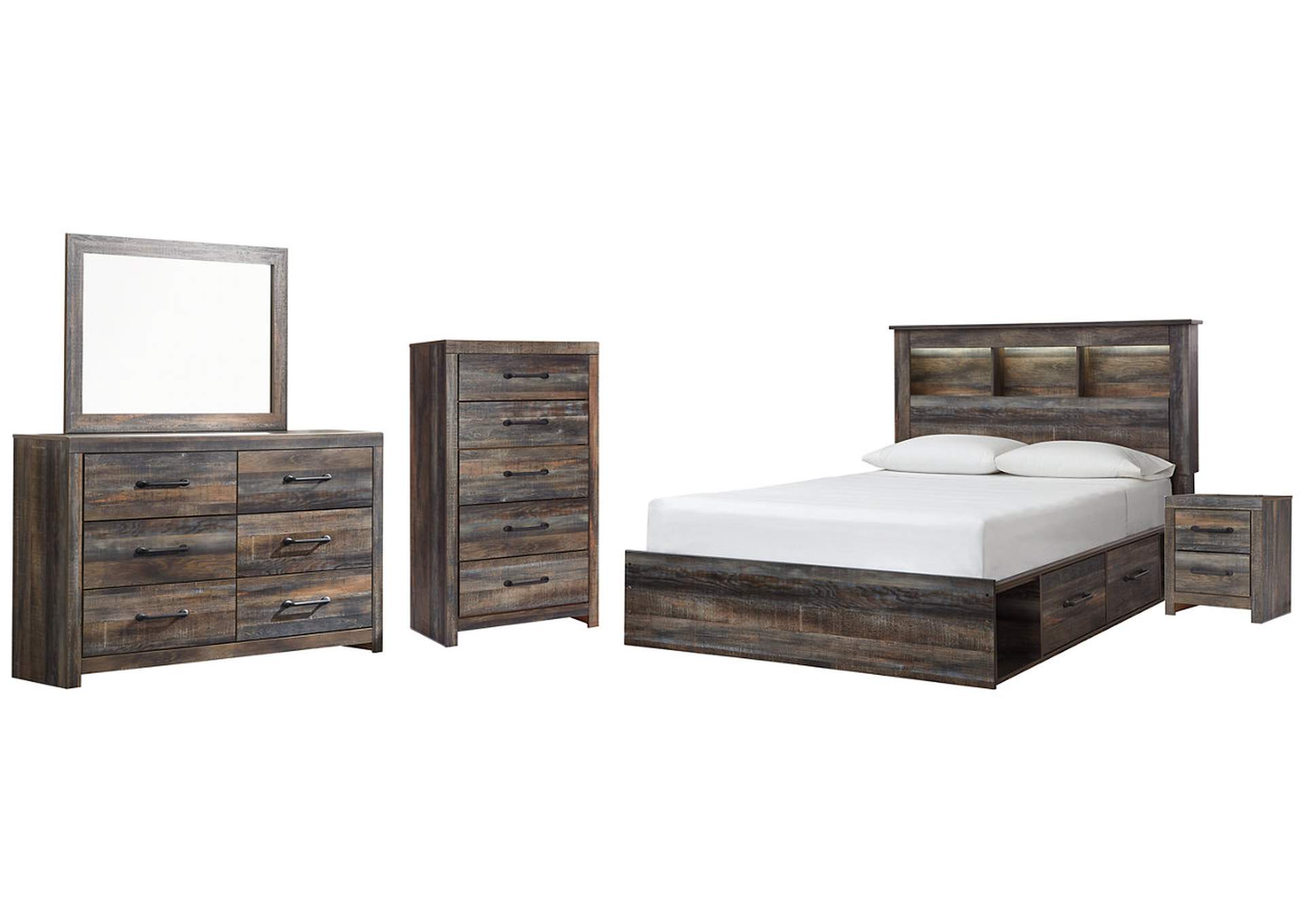 Drystan Queen Bookcase Bed with 2 Storage Drawers with Mirrored Dresser, Chest and Nightstand,Signature Design By Ashley