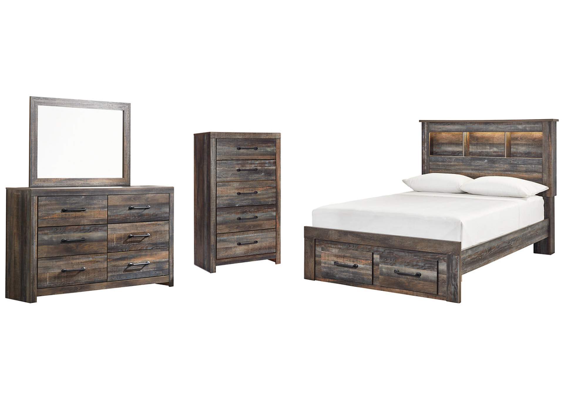 Drystan Full Bookcase Bed with 2 Storage Drawers with Mirrored Dresser and Chest,Signature Design By Ashley