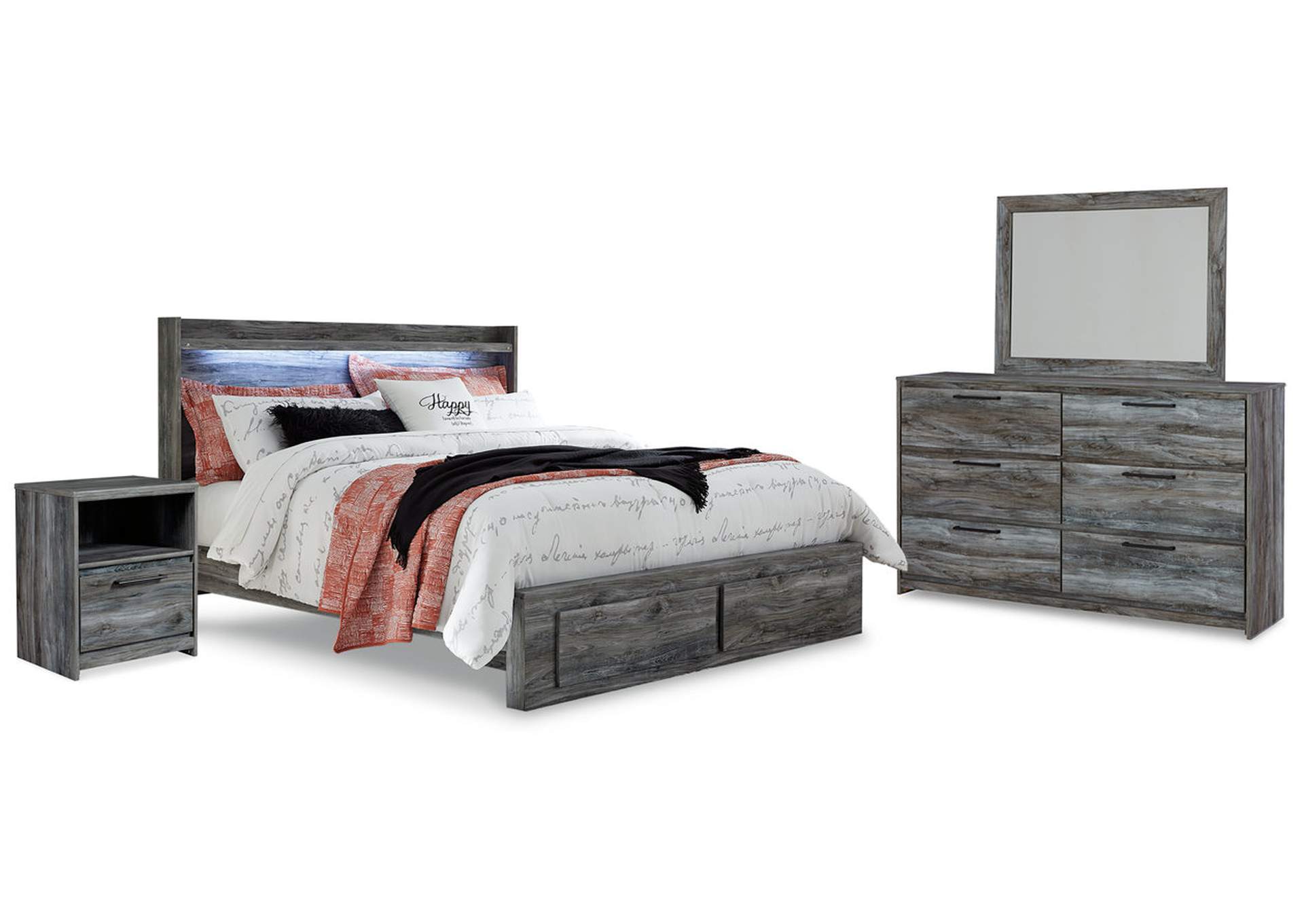 Baystorm King Panel Bed with 2 Storage Drawers with Mirrored Dresser, and Nightstand,Signature Design By Ashley