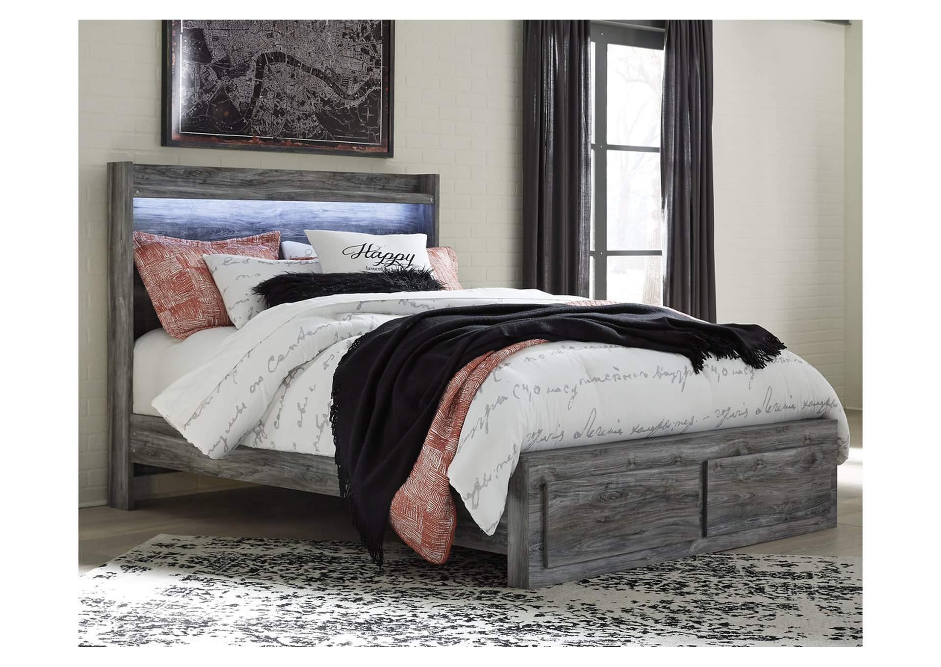 Baystorm Queen Panel Bed with 2 Storage Drawers with Mirrored Dresser and Nightstand,Signature Design By Ashley