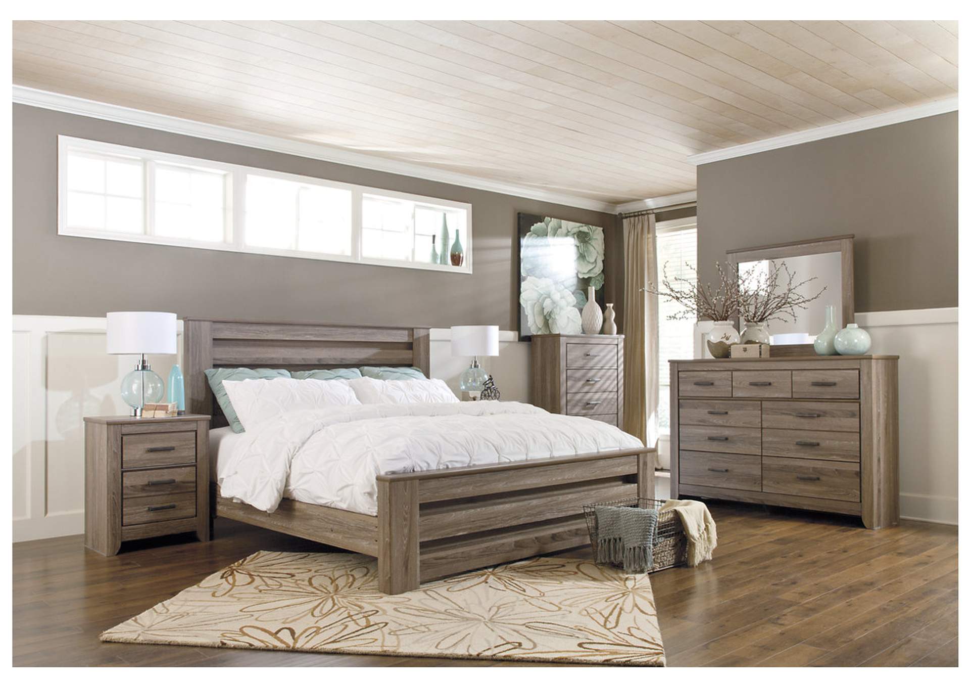 Zelen King Panel Bed with Mirrored Dresser, Chest and 2 Nightstands,Signature Design By Ashley