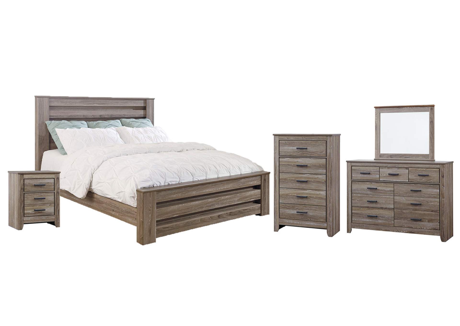 Zelen King Panel Bed with Mirrored Dresser, Chest and 2 Nightstands,Signature Design By Ashley