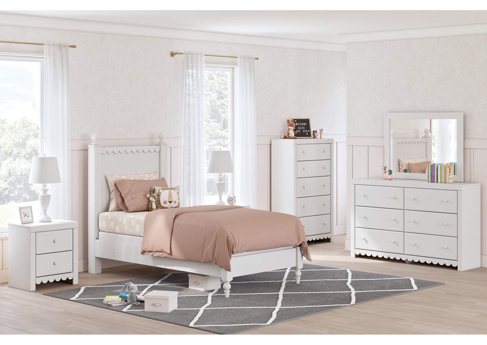 Mollviney Twin Panel Bed with Mirrored Dresser, Chest and Nightstand,Signature Design By Ashley